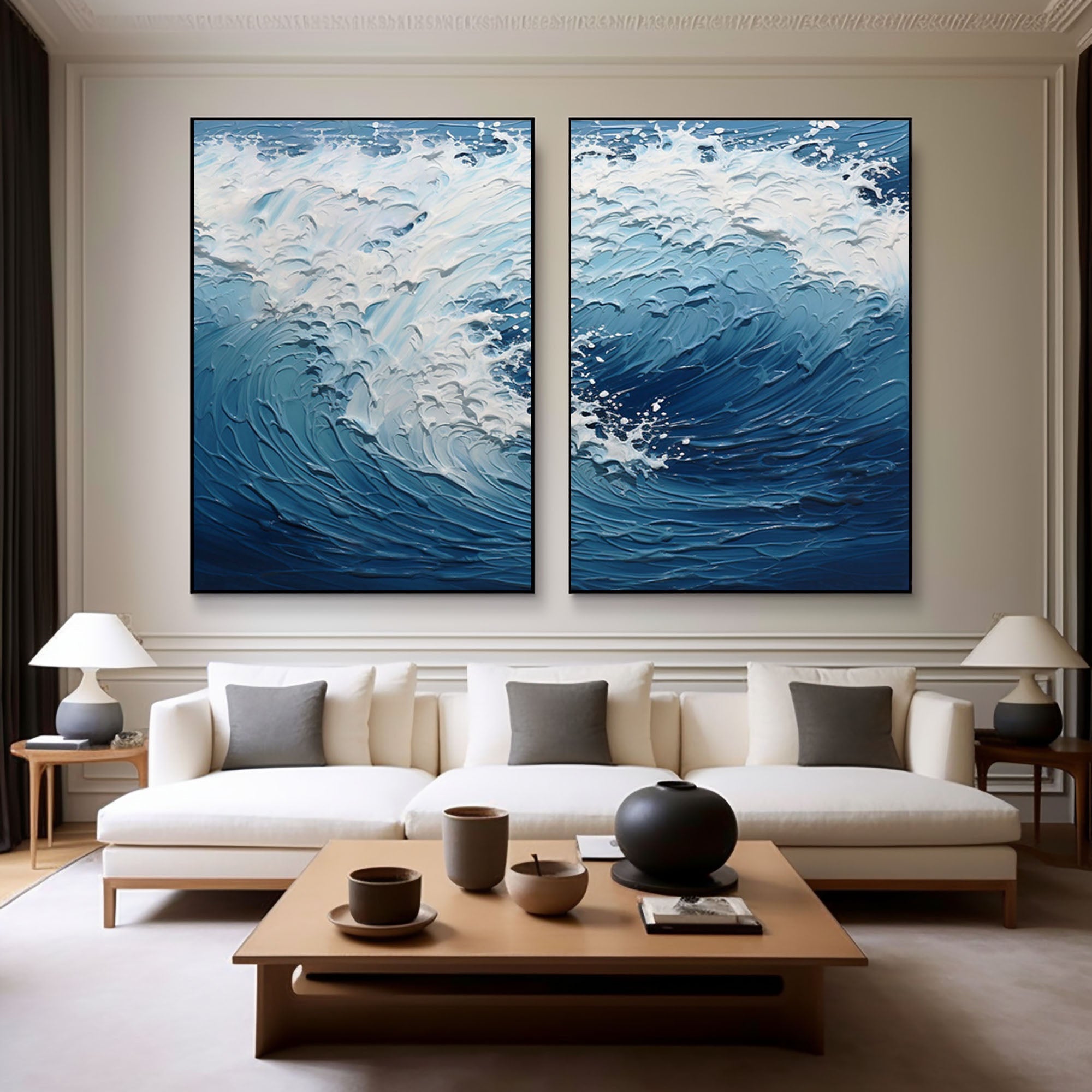 Ocean's Pulse Textured Wave Wall Art Diptych on Acoustic Panels