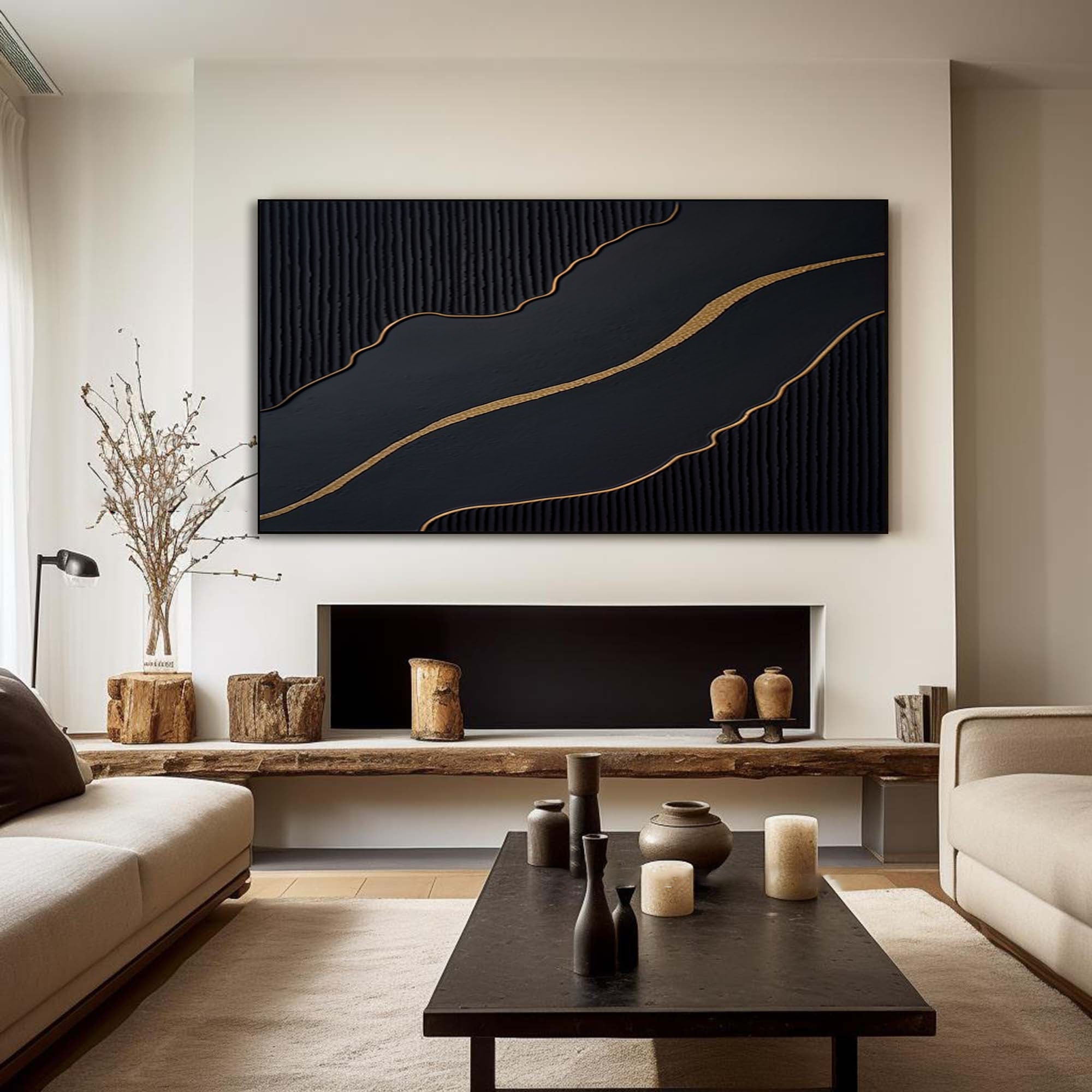 Golden Flow: Black Abstract Wall Art
