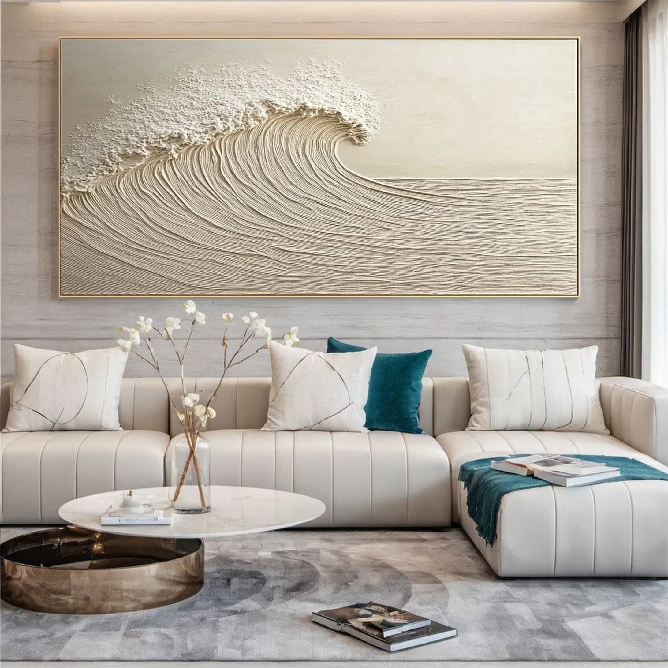 "Eternal Flow" – Textured Minimalist Ocean Wave Canvas Wall Art in Soft Neutrals