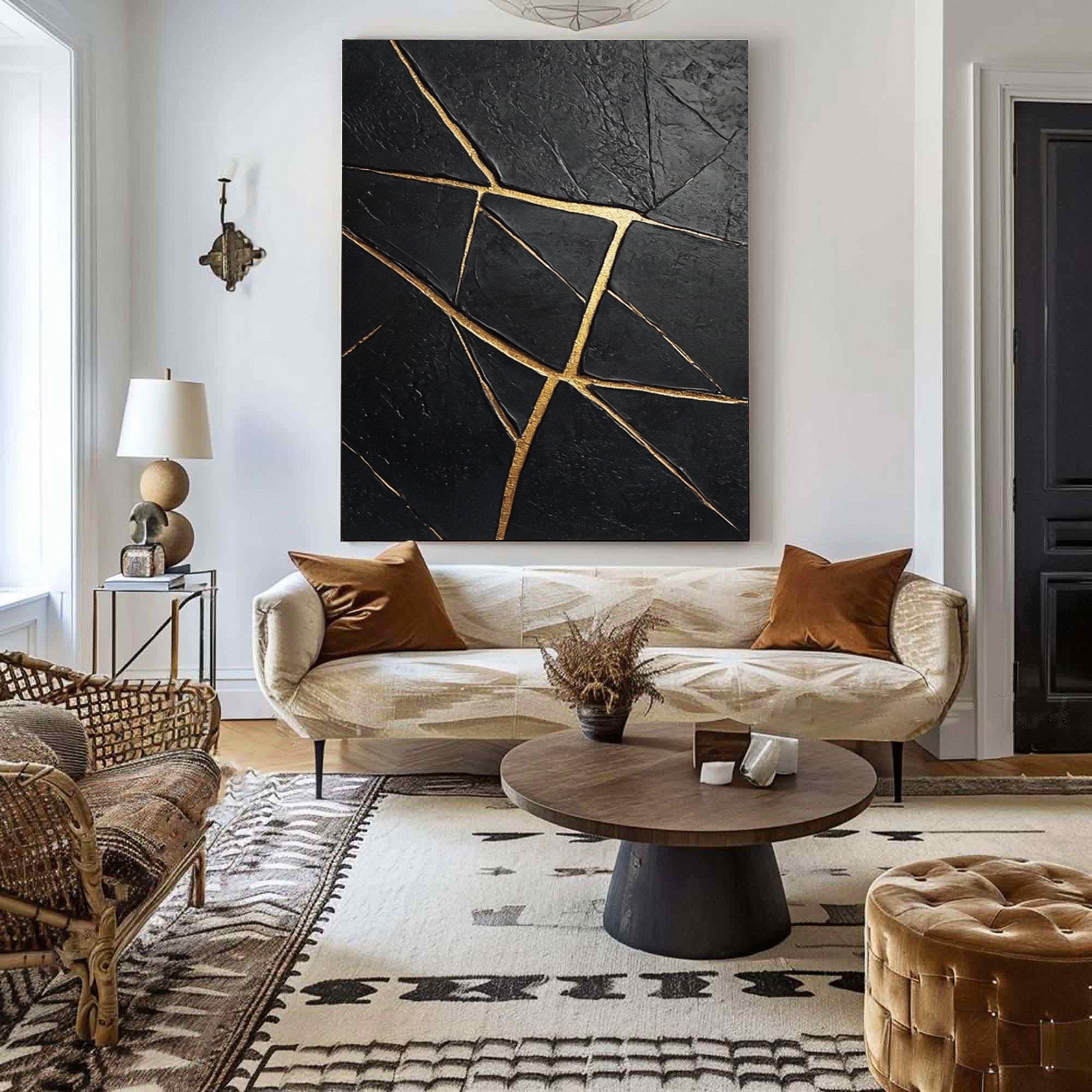 Golden Fractures: Black and Gold Textured Canvas