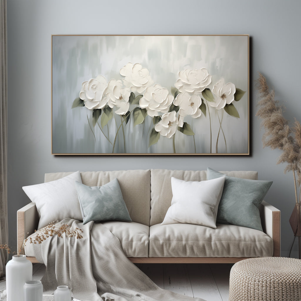 Whispering Petals – Minimalist White Floral Canvas in Soft Green Grey