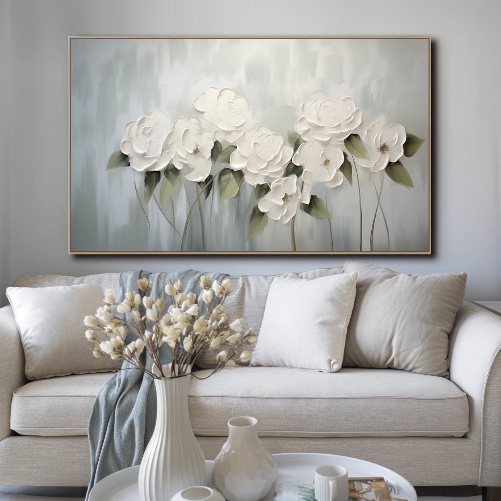 Whispering Petals – Minimalist White Floral Canvas in Soft Green Grey