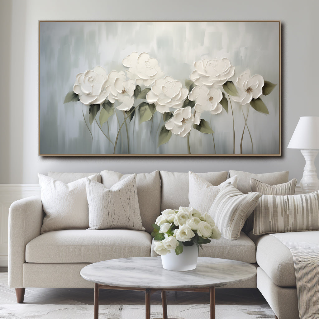 Whispering Petals – Minimalist White Floral Canvas in Soft Green Grey