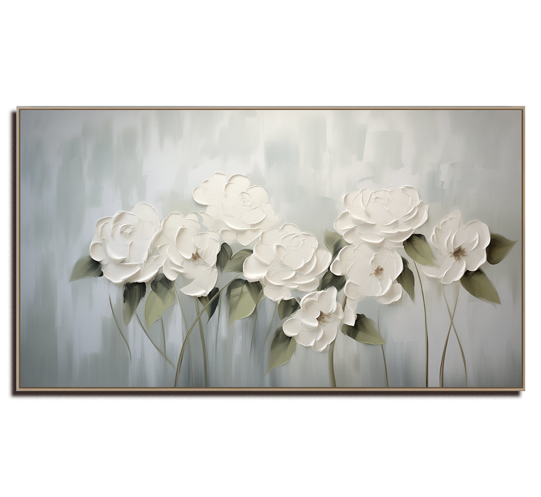 Whispering Petals – Minimalist White Floral Canvas in Soft Green Grey