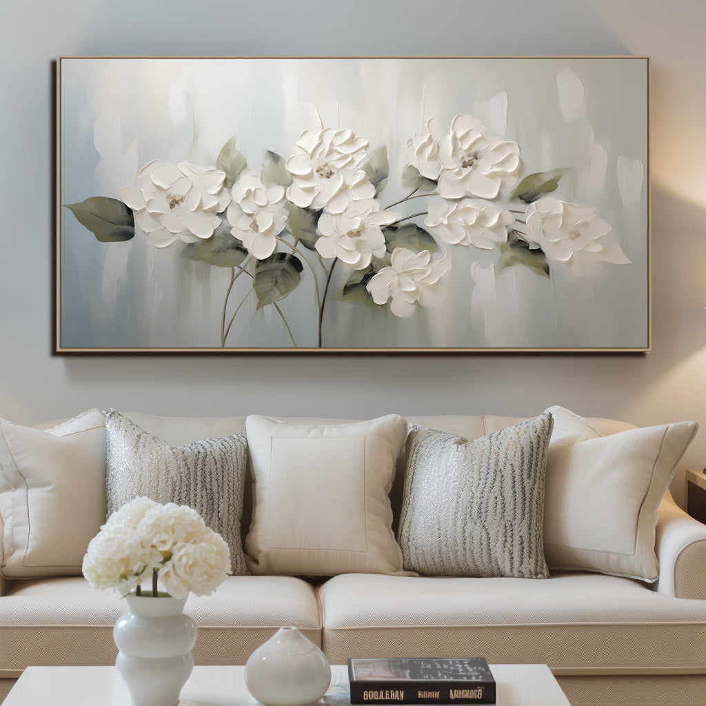 Serenade Bloom – Elegant White Floral Relief Painting on Soft Grey Blue