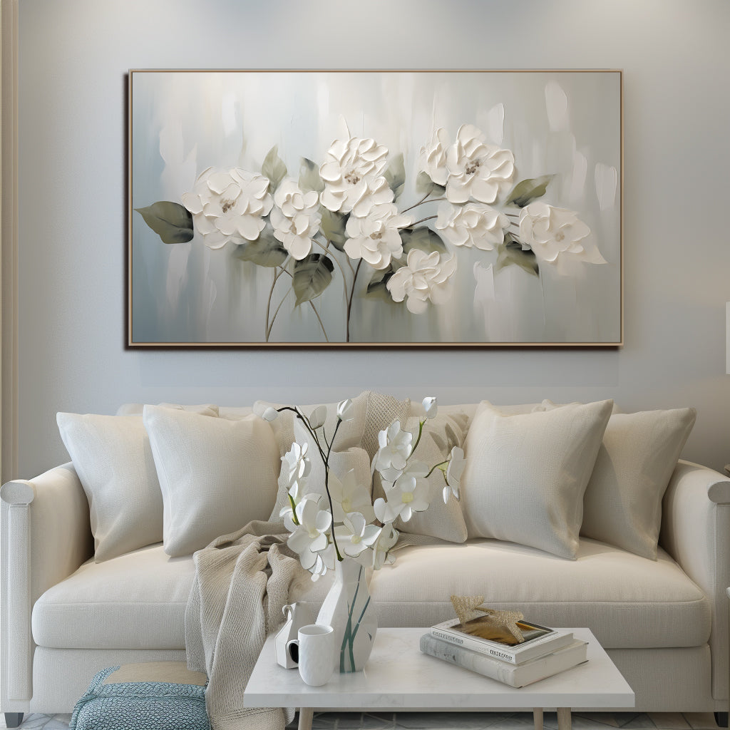 Serenade Bloom – Elegant White Floral Relief Painting on Soft Grey Blue