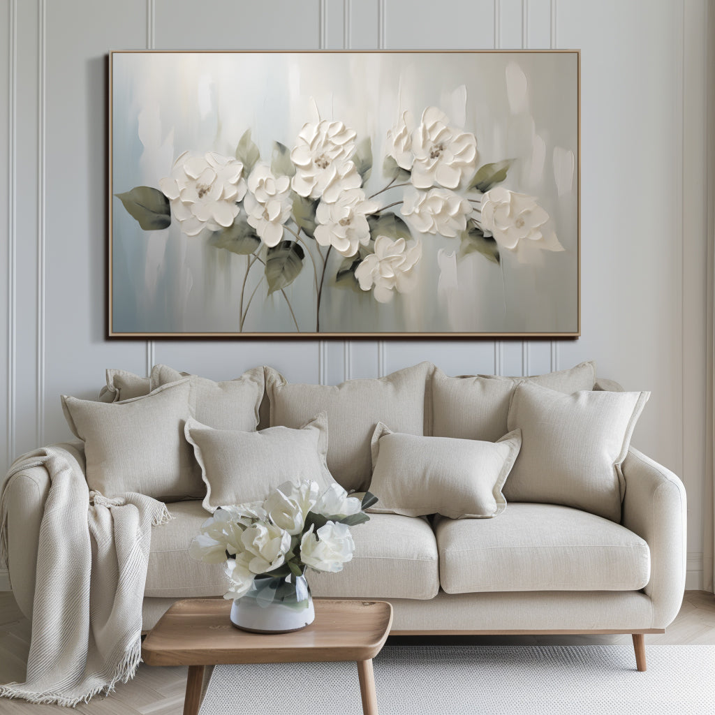 Serenade Bloom – Elegant White Floral Relief Painting on Soft Grey Blue