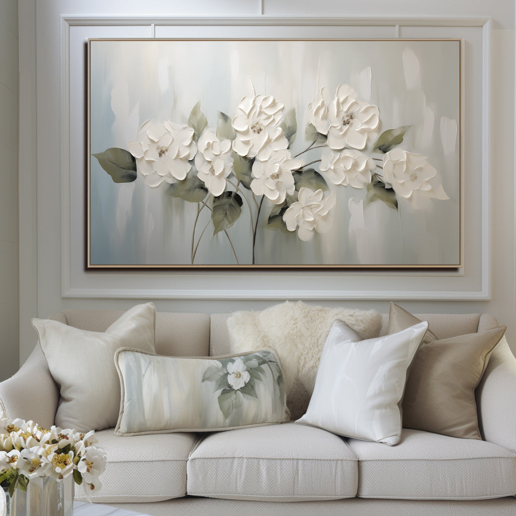 Serenade Bloom – Elegant White Floral Relief Painting on Soft Grey Blue