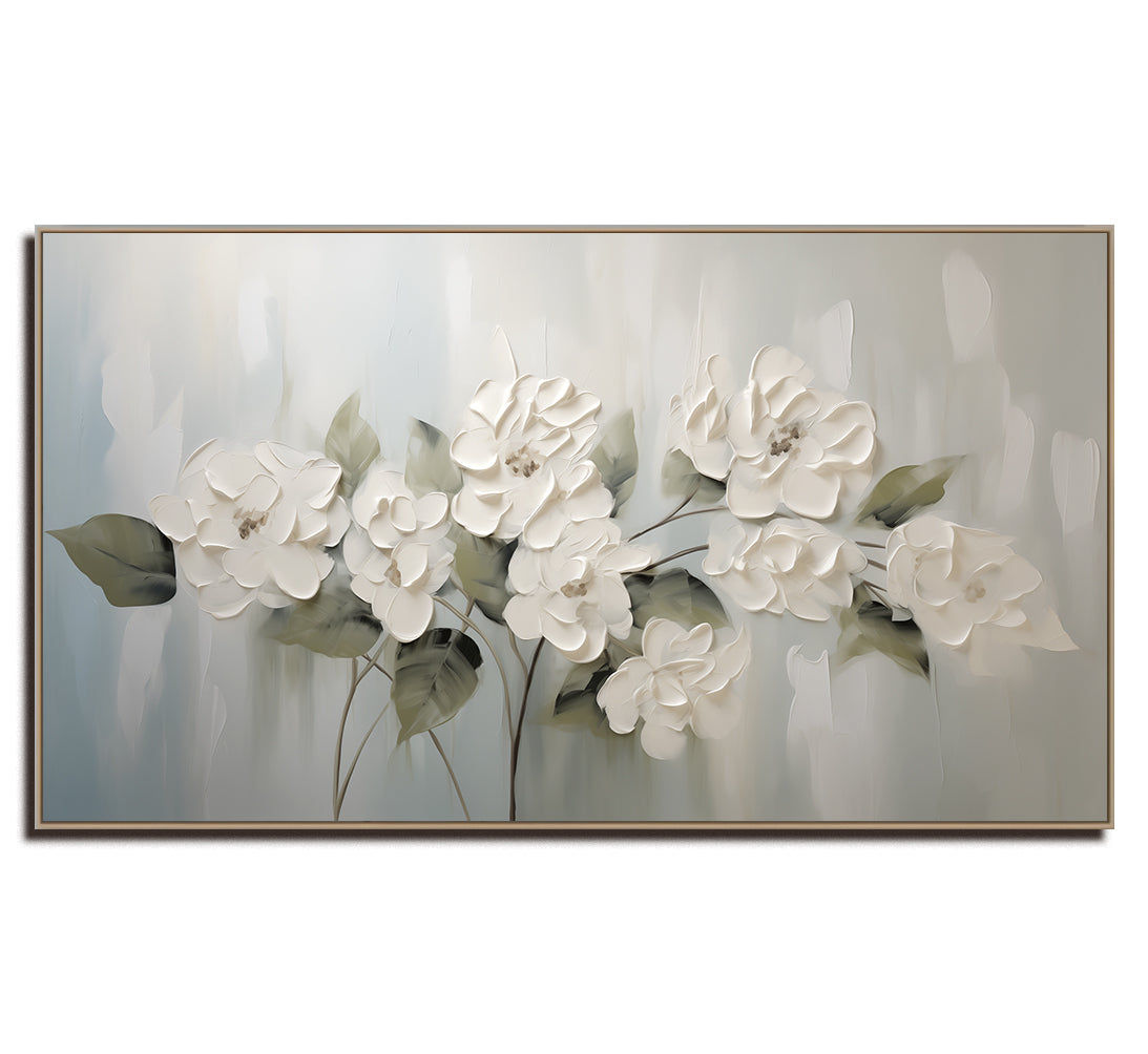 Serenade Bloom – Elegant White Floral Relief Painting on Soft Grey Blue