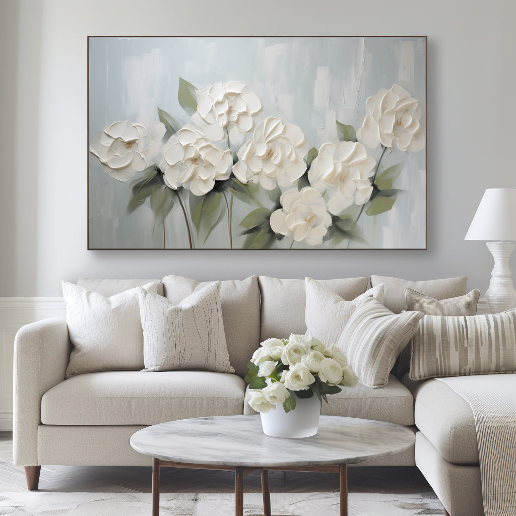 Whispering Petals – Soft White Floral Relief on Misty Blue