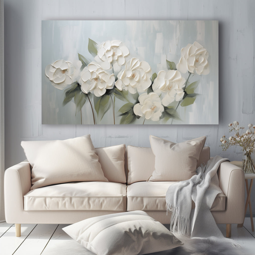 Whispering Petals – Soft White Floral Relief on Misty Blue