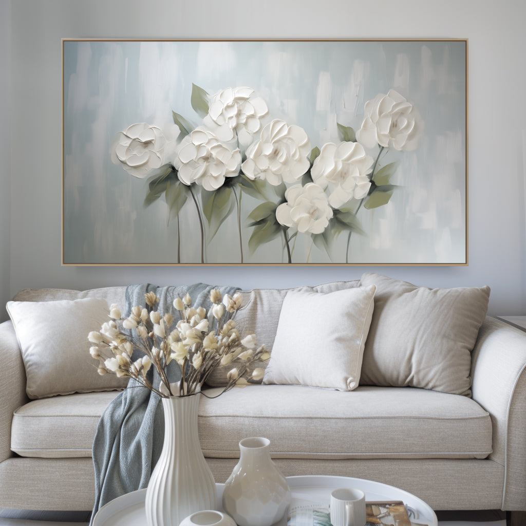 Whispering Petals – Soft White Floral Relief on Misty Blue