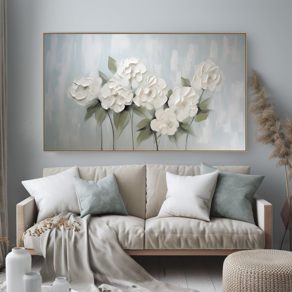 Whispering Petals – Soft White Floral Relief on Misty Blue