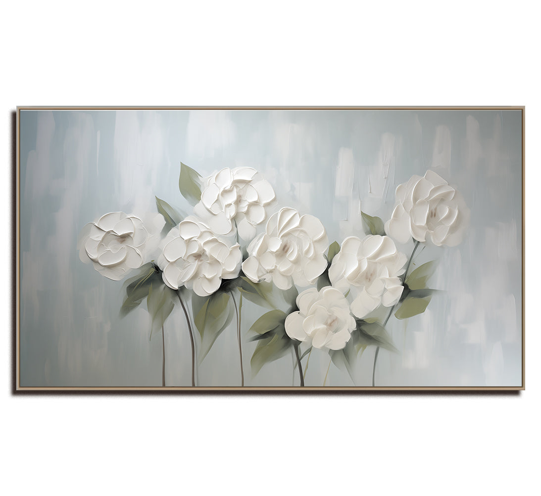 Whispering Petals – Soft White Floral Relief on Misty Blue