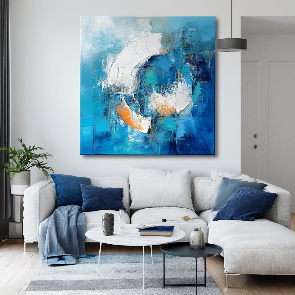 Modern Abstract Blue Oil Painting Geometric Circle Canvas Wall Art