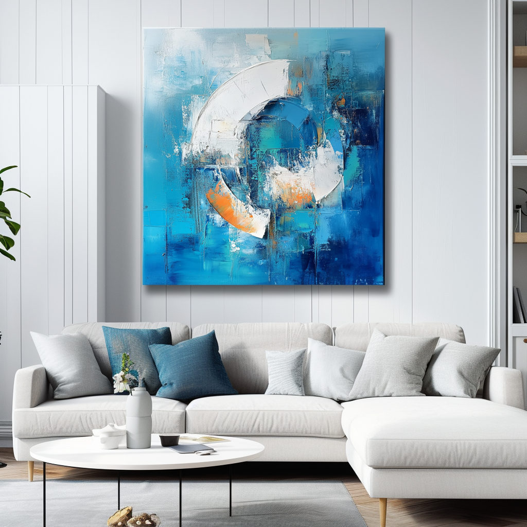 Modern Abstract Blue Oil Painting Geometric Circle Canvas Wall Art