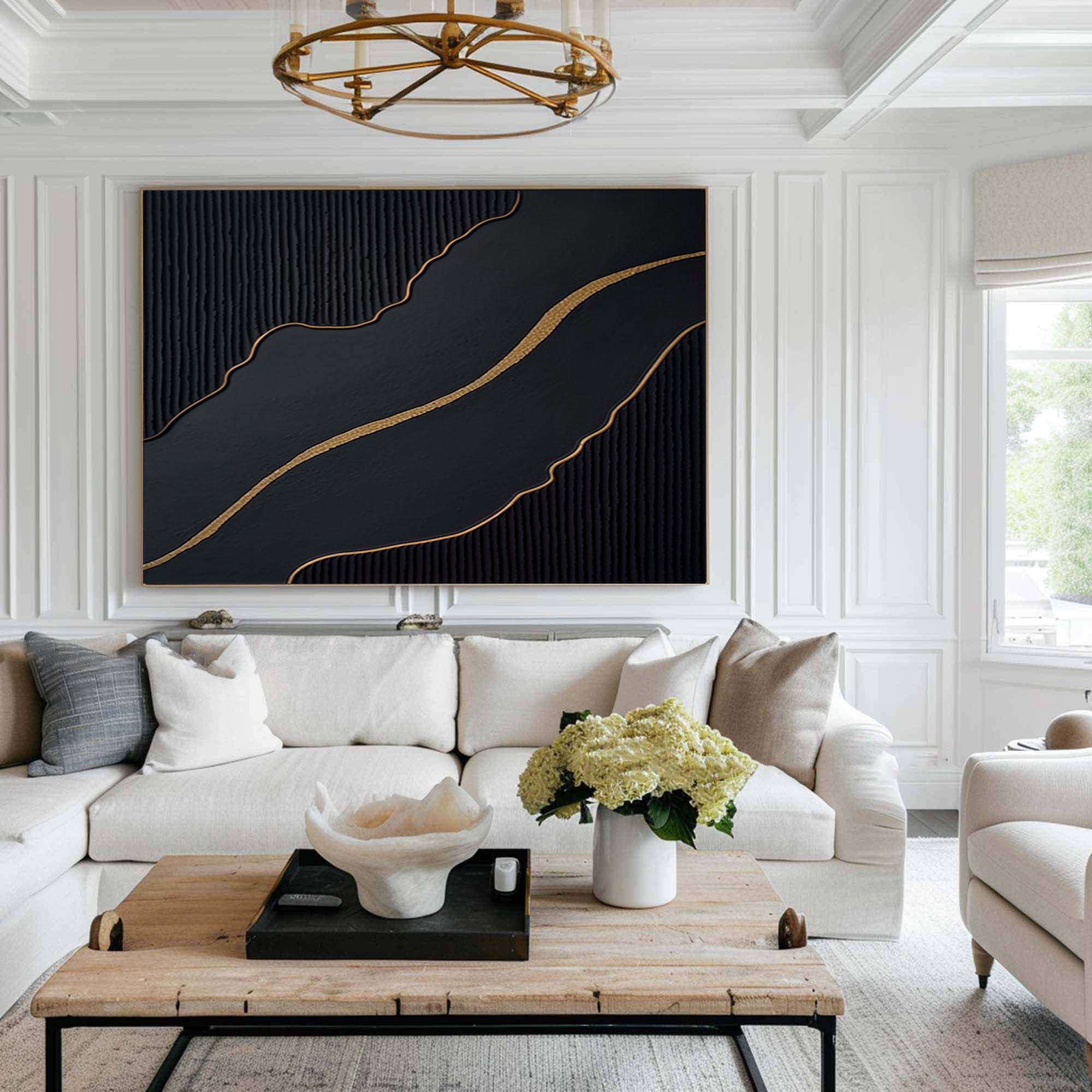 Golden Flow: Black Abstract Wall Art