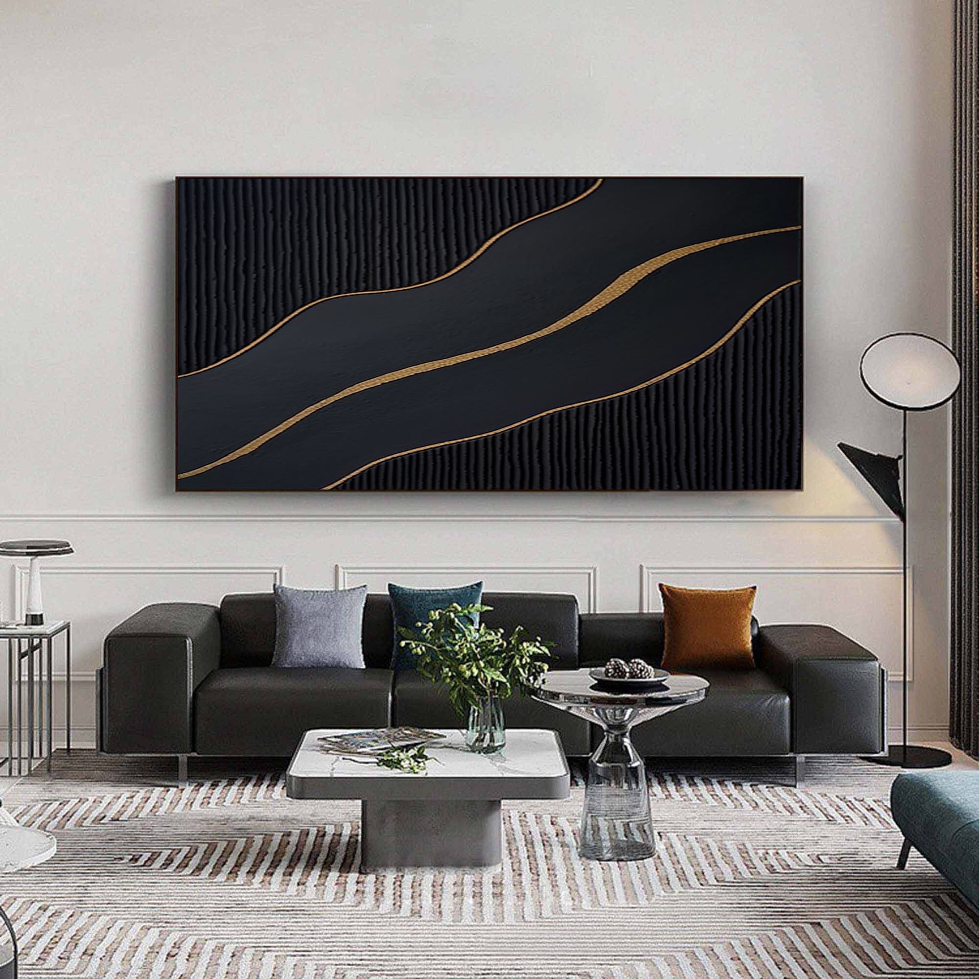 Ebony Waves: Luxe Black & Gold Abstract Canvas