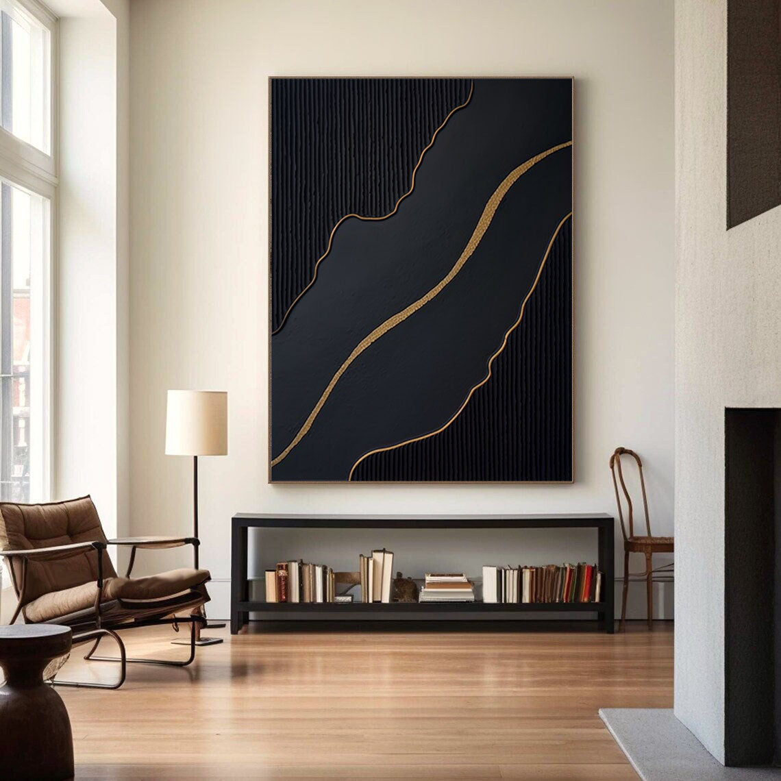 Ebony Waves: Vertical Black & Gold Abstract Art for Modern Spaces