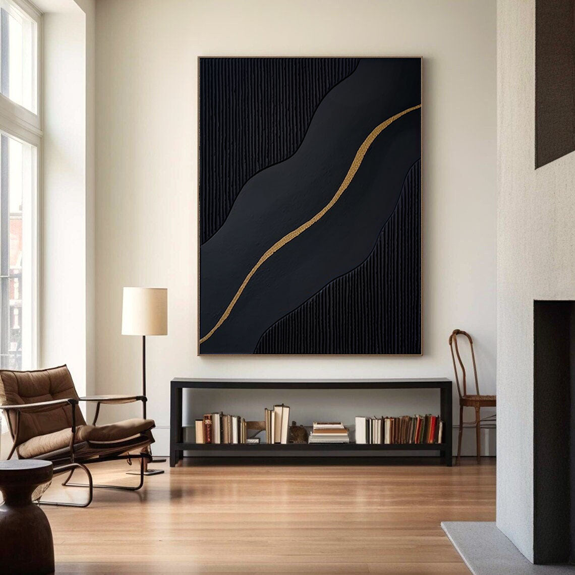 Ebony Waves: Vertical Black & Gold Abstract Canvas