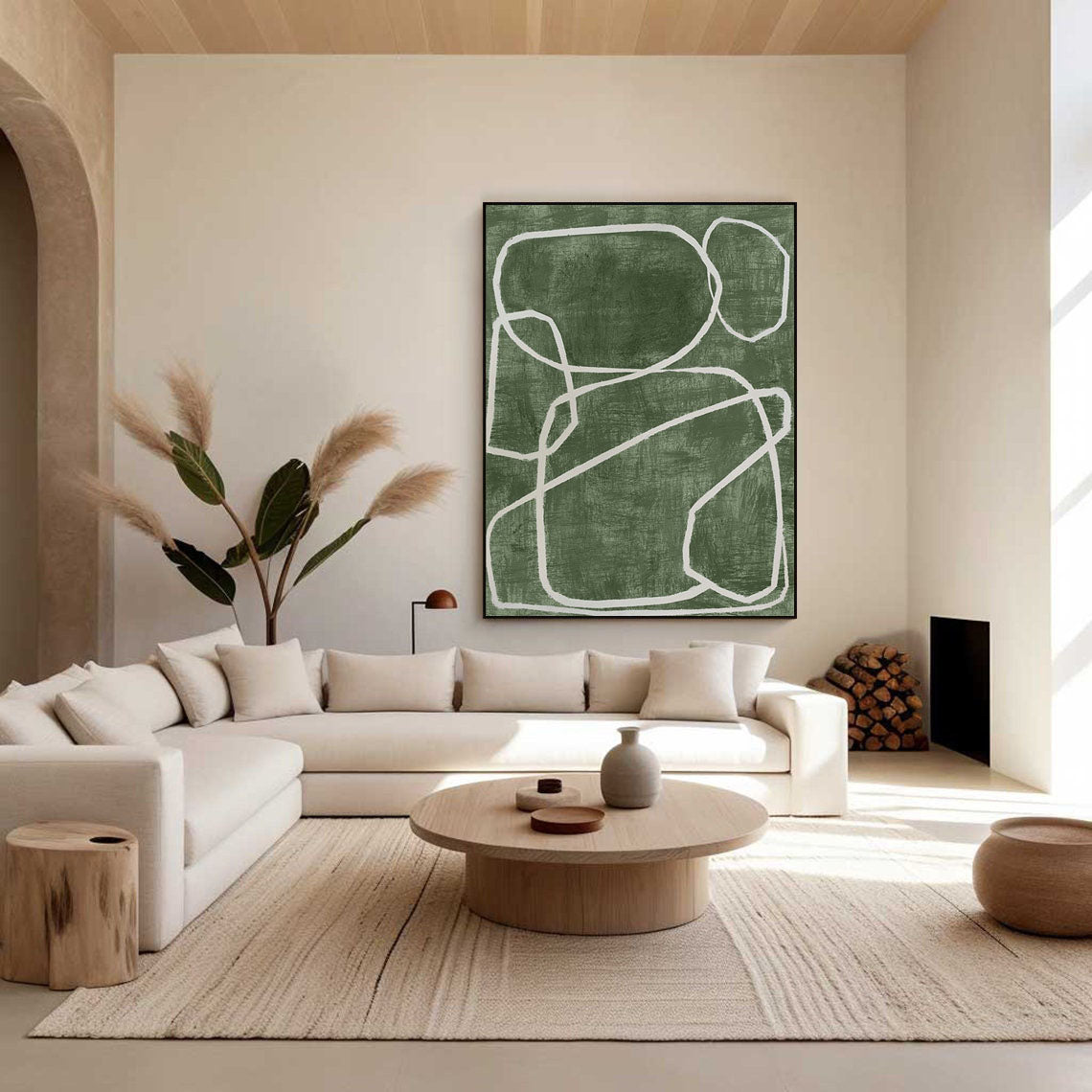 Emerald Flow: Abstract Line Art Canvas