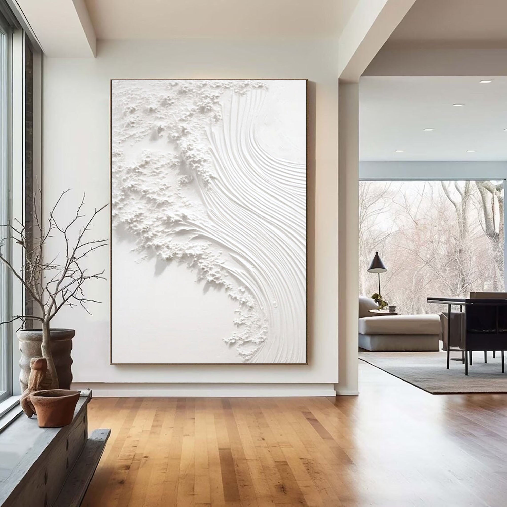 Serene Waves: White Textured Art