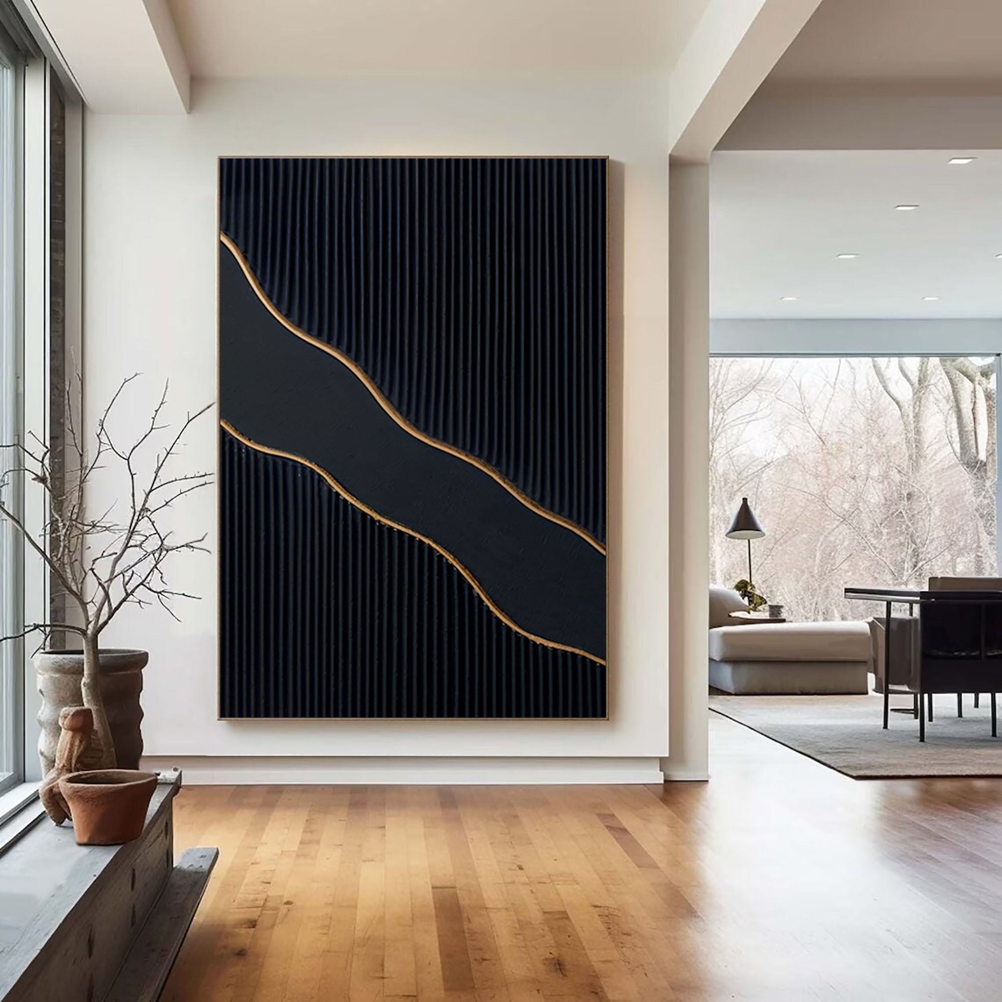 Golden Wave: Black Canvas Art