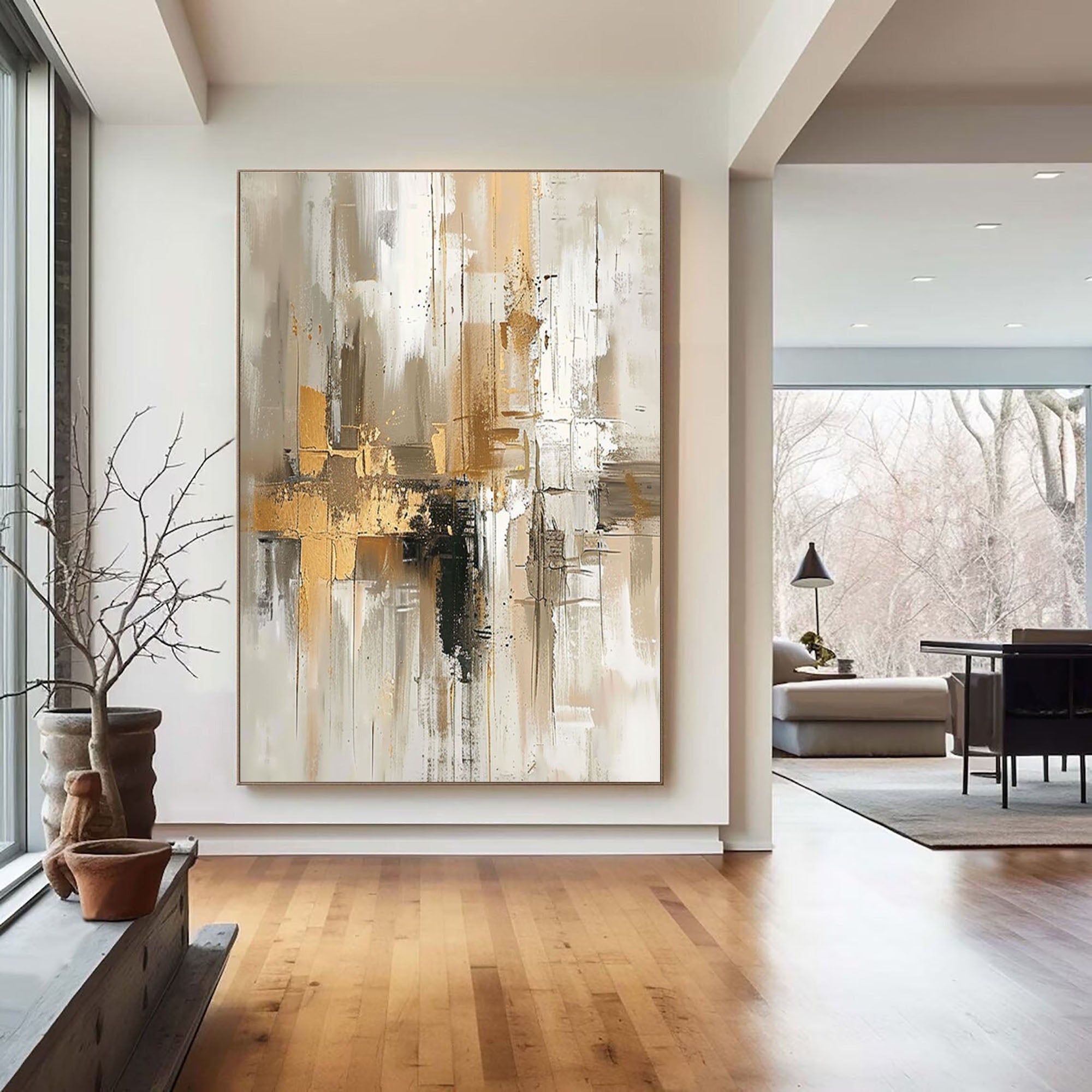 Urban Elegance: Large Abstract Canvas with Gold & Neutral Tones