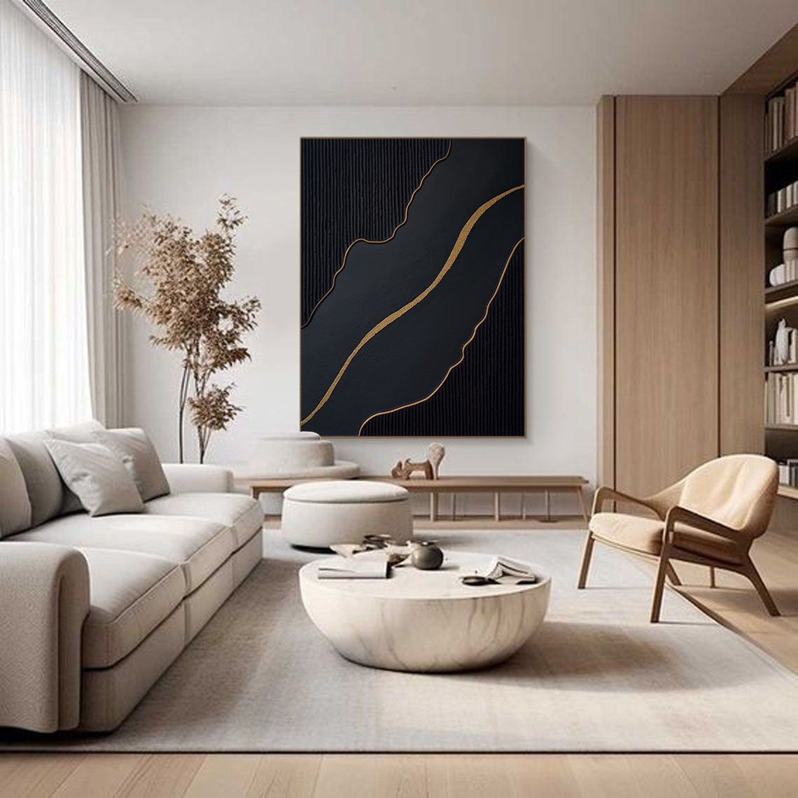 Ebony Waves: Vertical Black & Gold Abstract Art for Modern Spaces