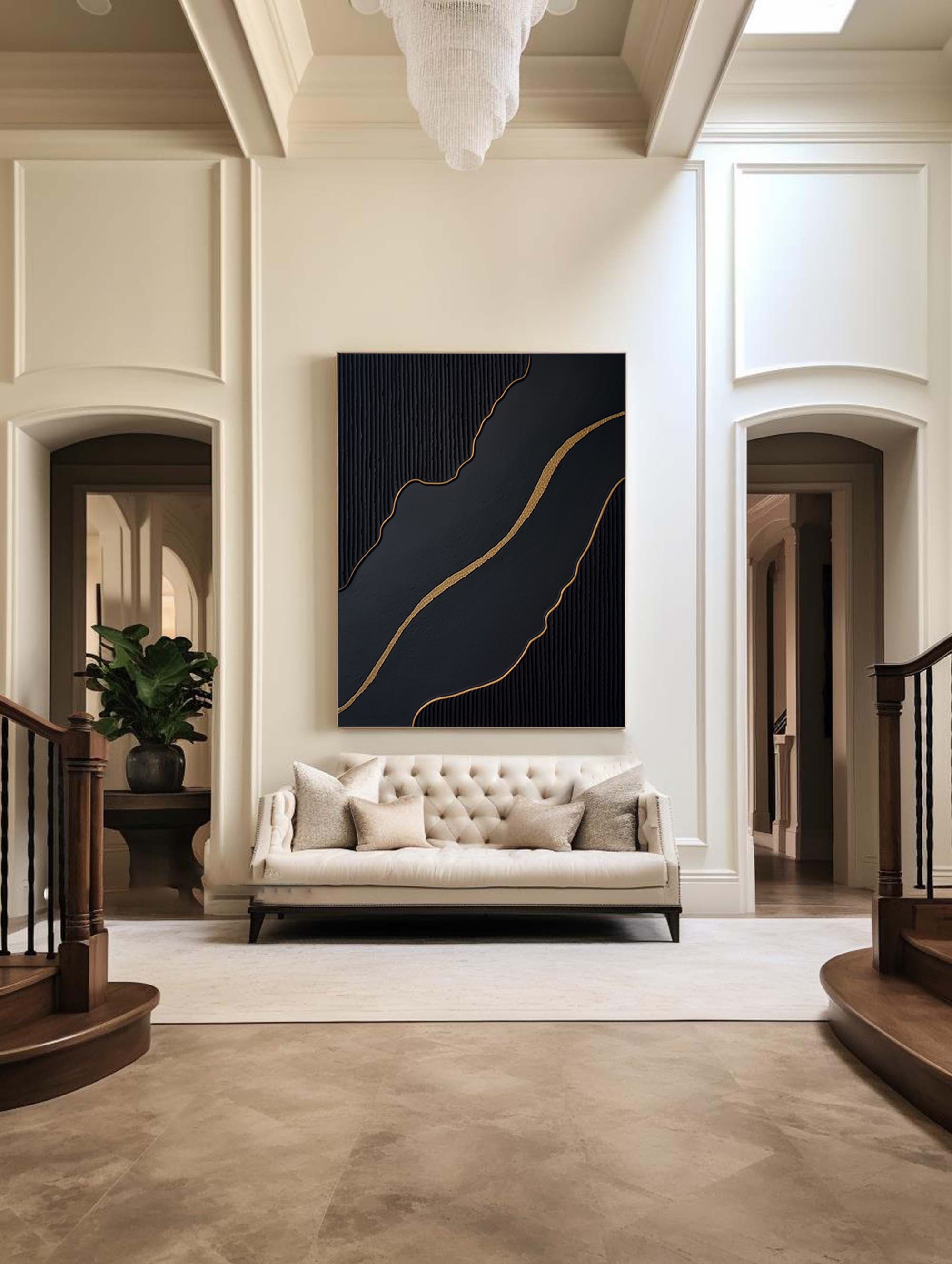 Ebony Waves: Vertical Black & Gold Abstract Art for Modern Spaces