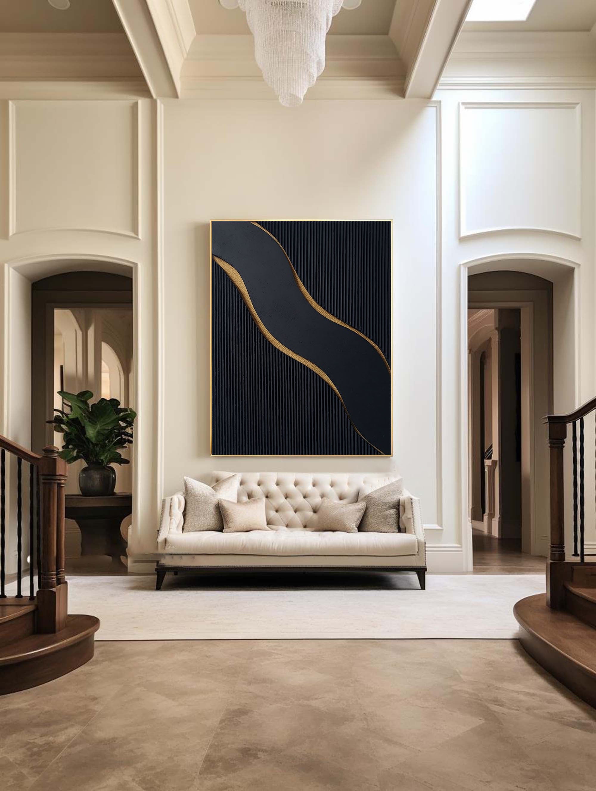 Ebony Waves: Luxurious Black & Gold Vertical Canvas for Elegant Interiors