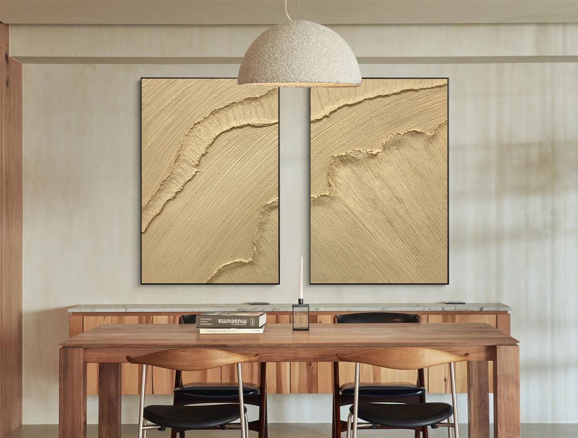 "Golden Horizon" – Minimalist Textured Wall Art Duo in Sandstone Gold