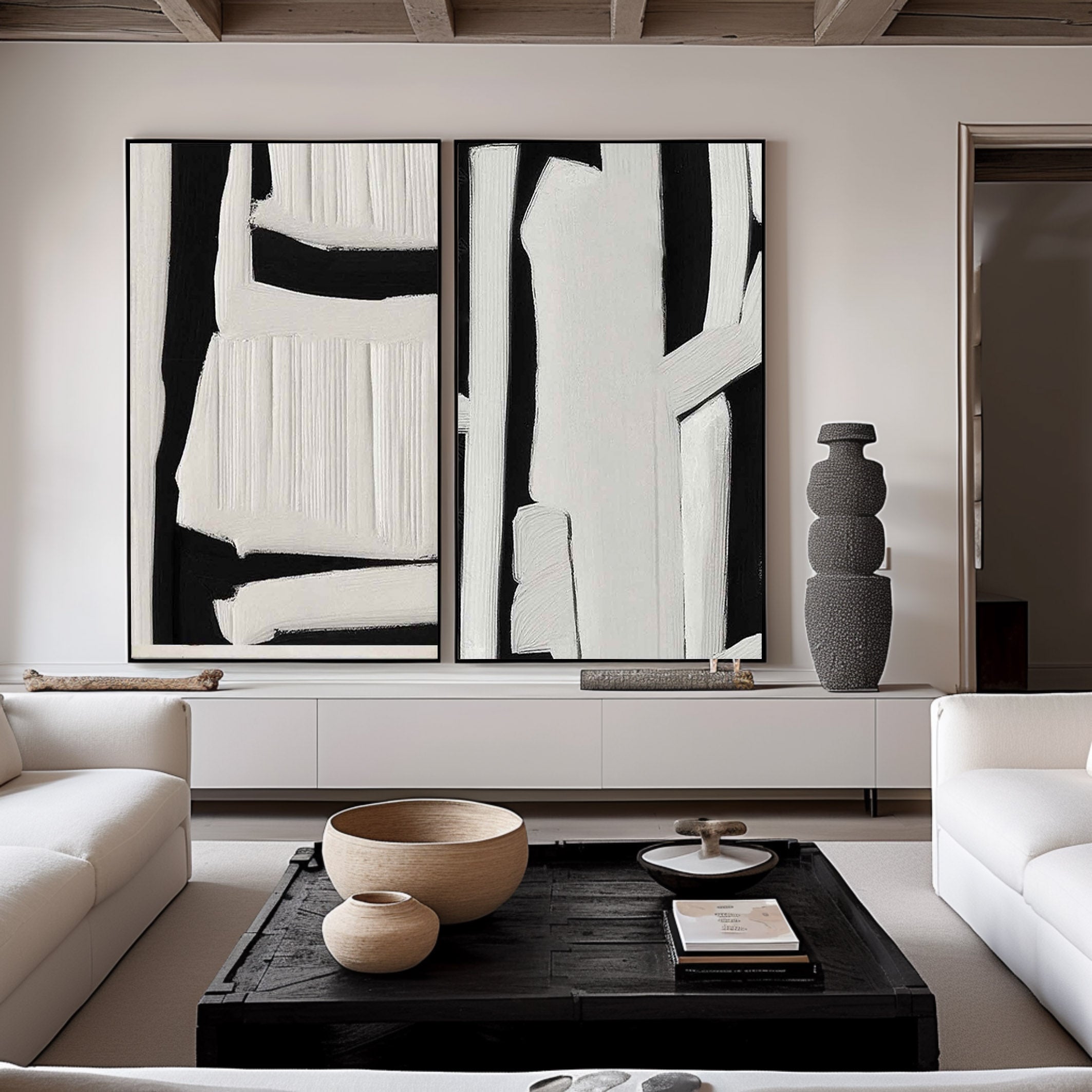 Black & White Minimalist Painting Set Of 2 #BWS 004