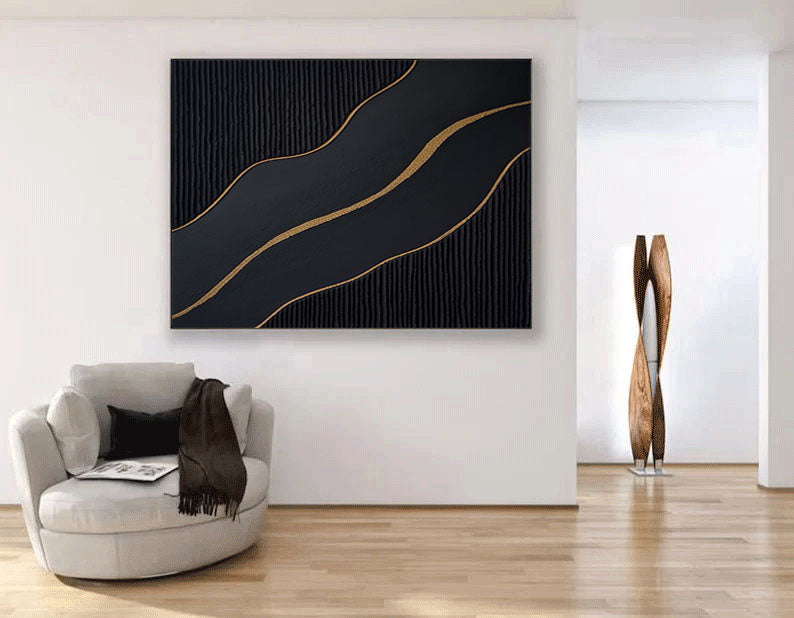 Ebony Waves: Luxe Black & Gold Abstract Canvas