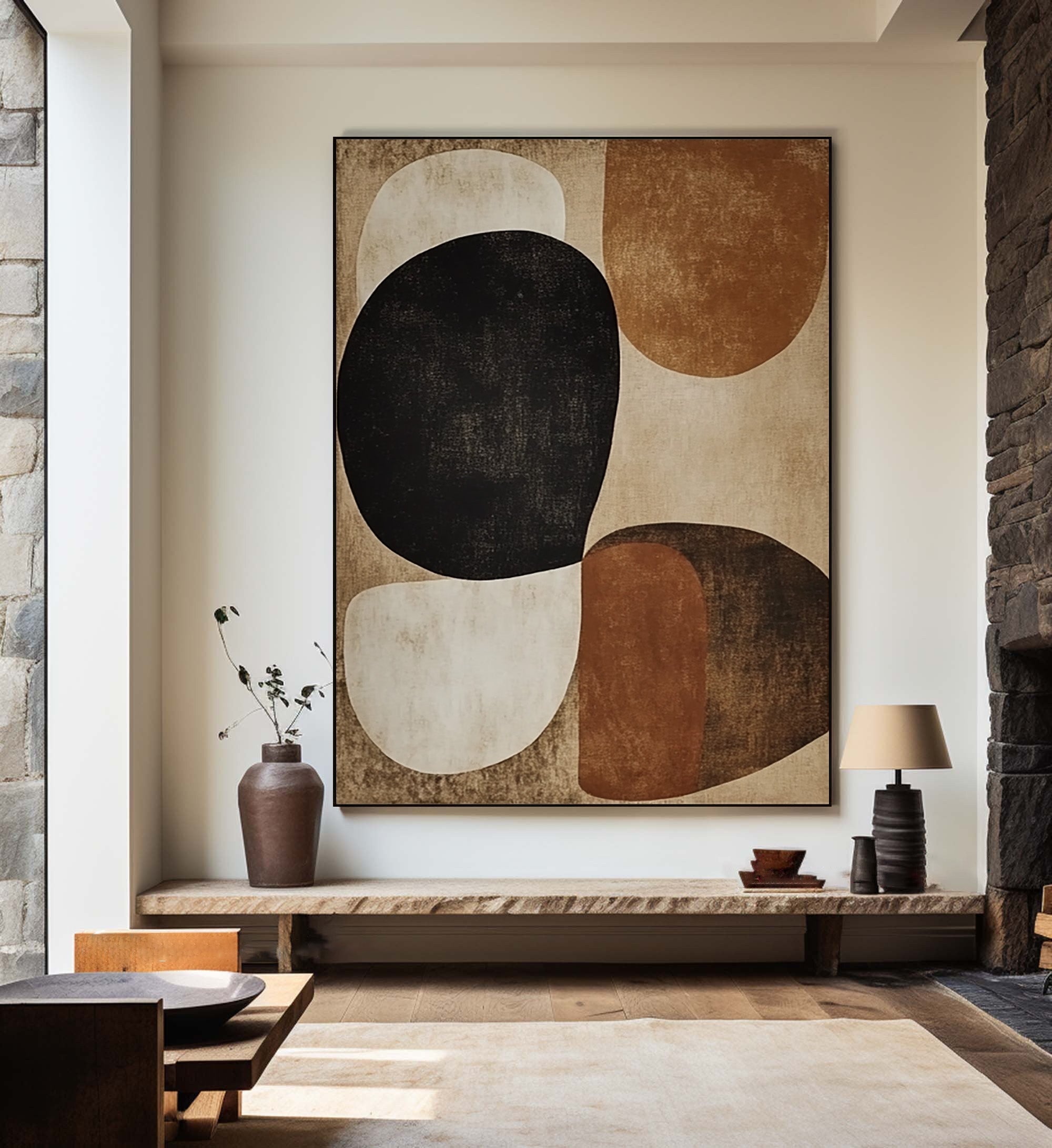 Earthbound Harmony: Abstract Geometric Canvas for Warm Interiors