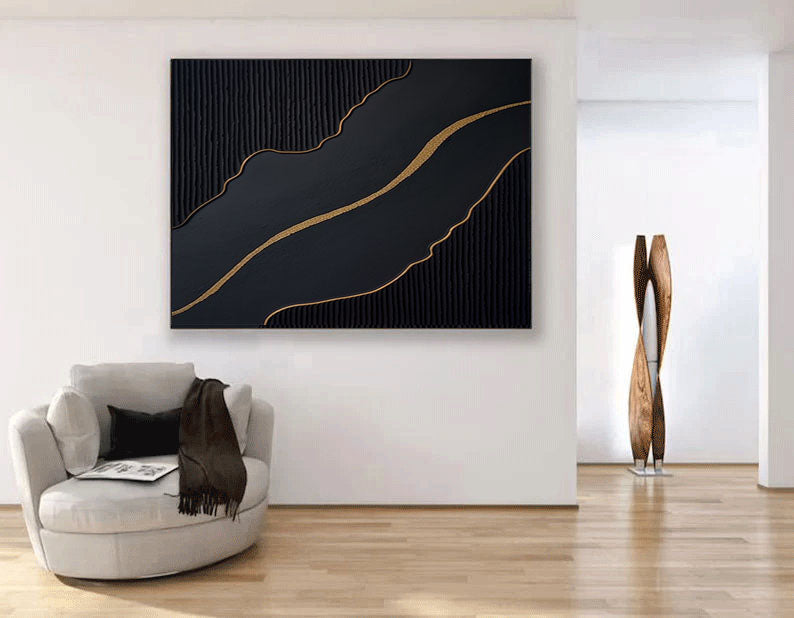 Golden Flow: Black Abstract Wall Art