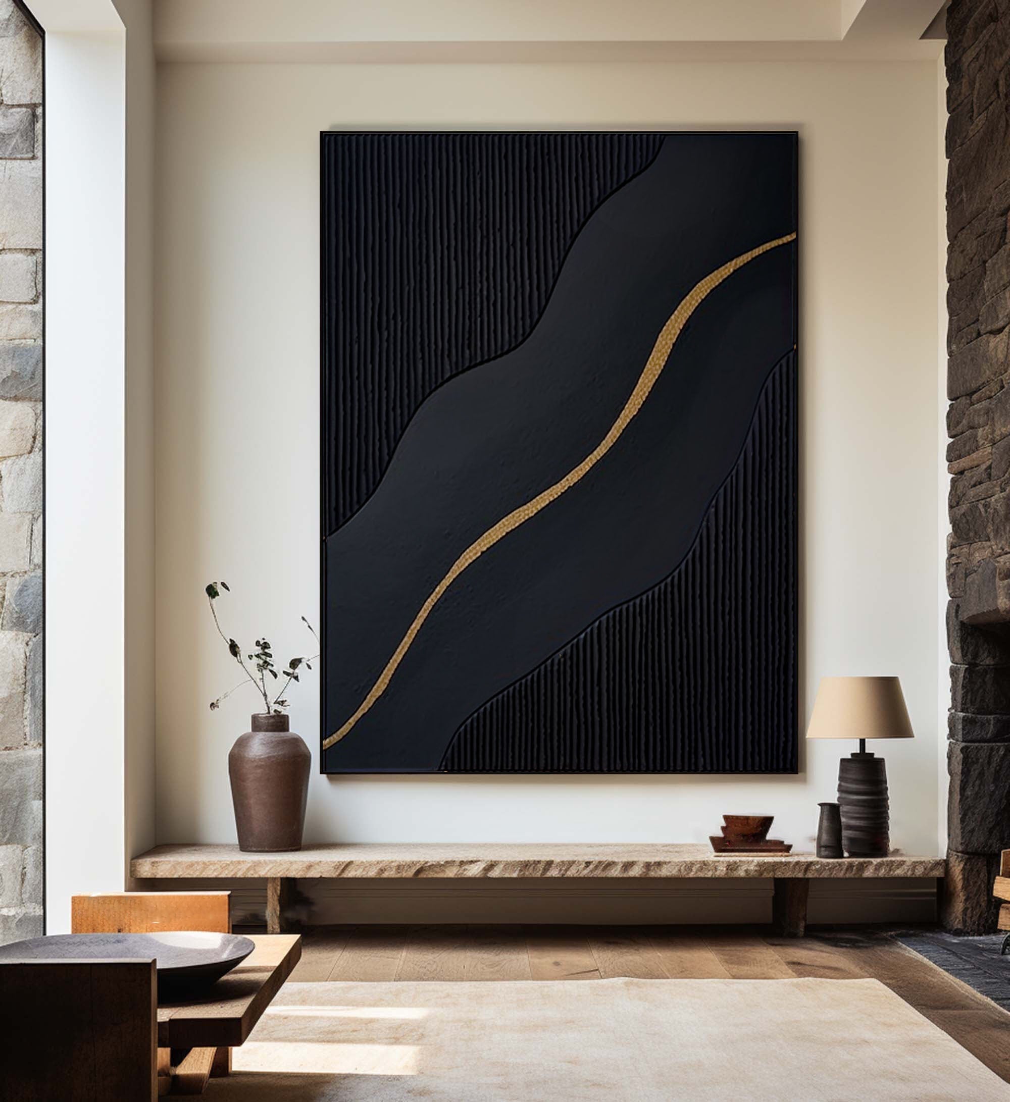 Ebony Waves: Vertical Black & Gold Abstract Canvas