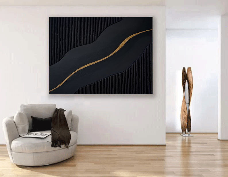 Midnight Flow: Gold-Lined Black Abstract Wall Art