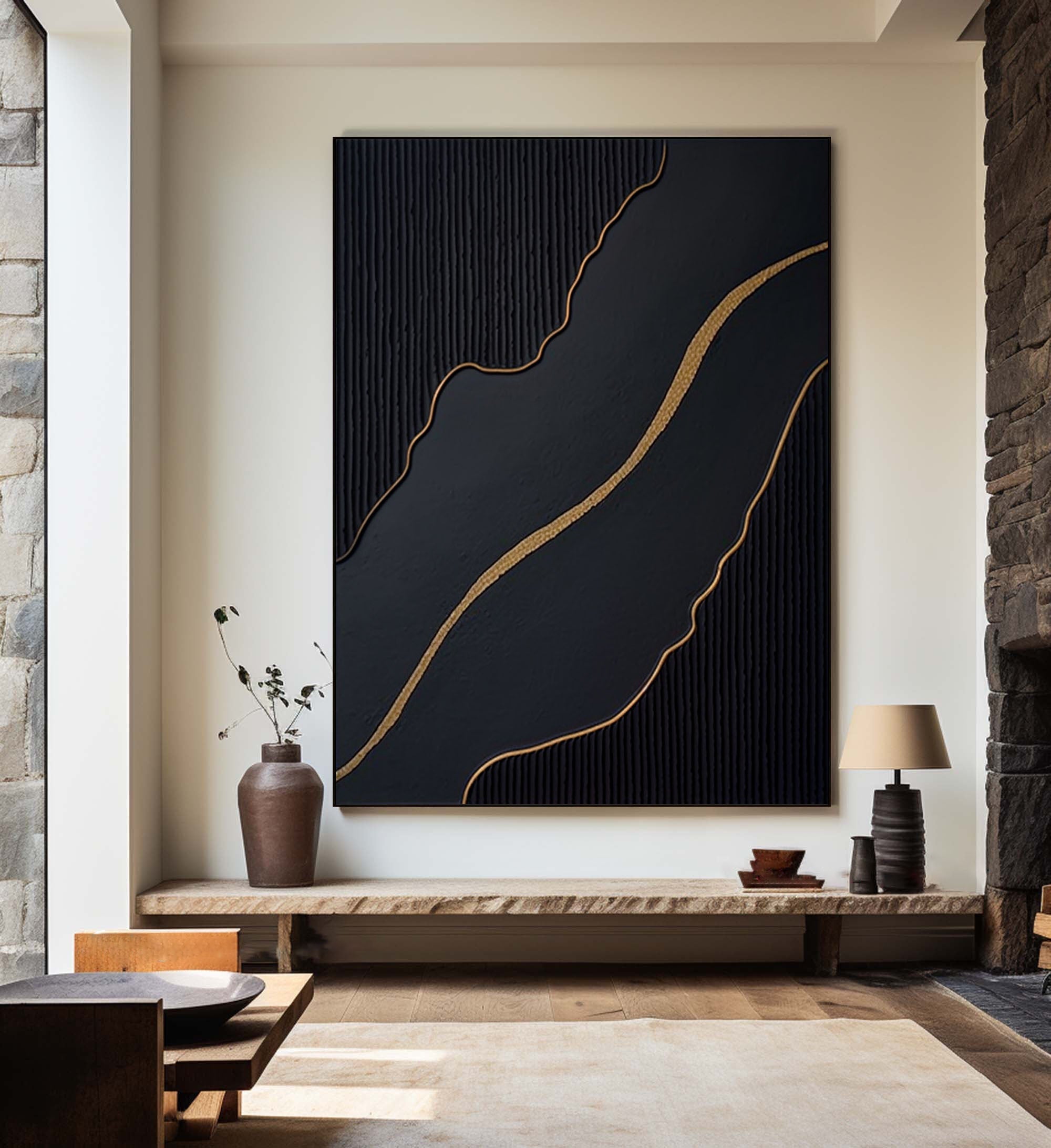 Ebony Waves: Vertical Black & Gold Abstract Art for Modern Spaces