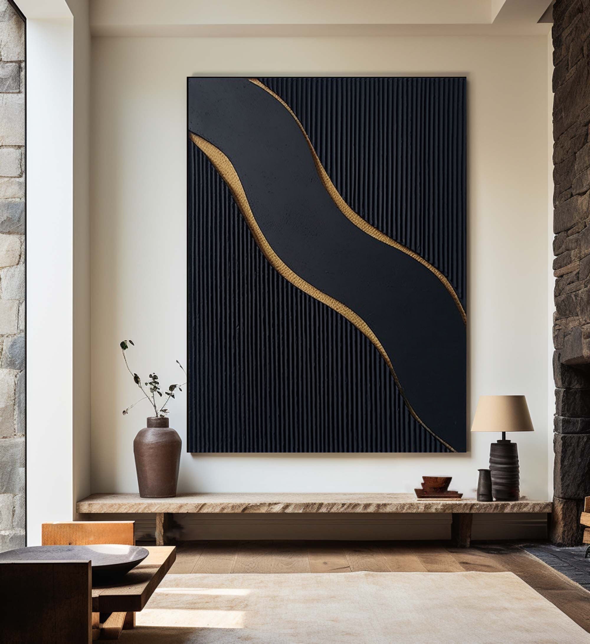 Ebony Waves: Luxurious Black & Gold Vertical Canvas for Elegant Interiors