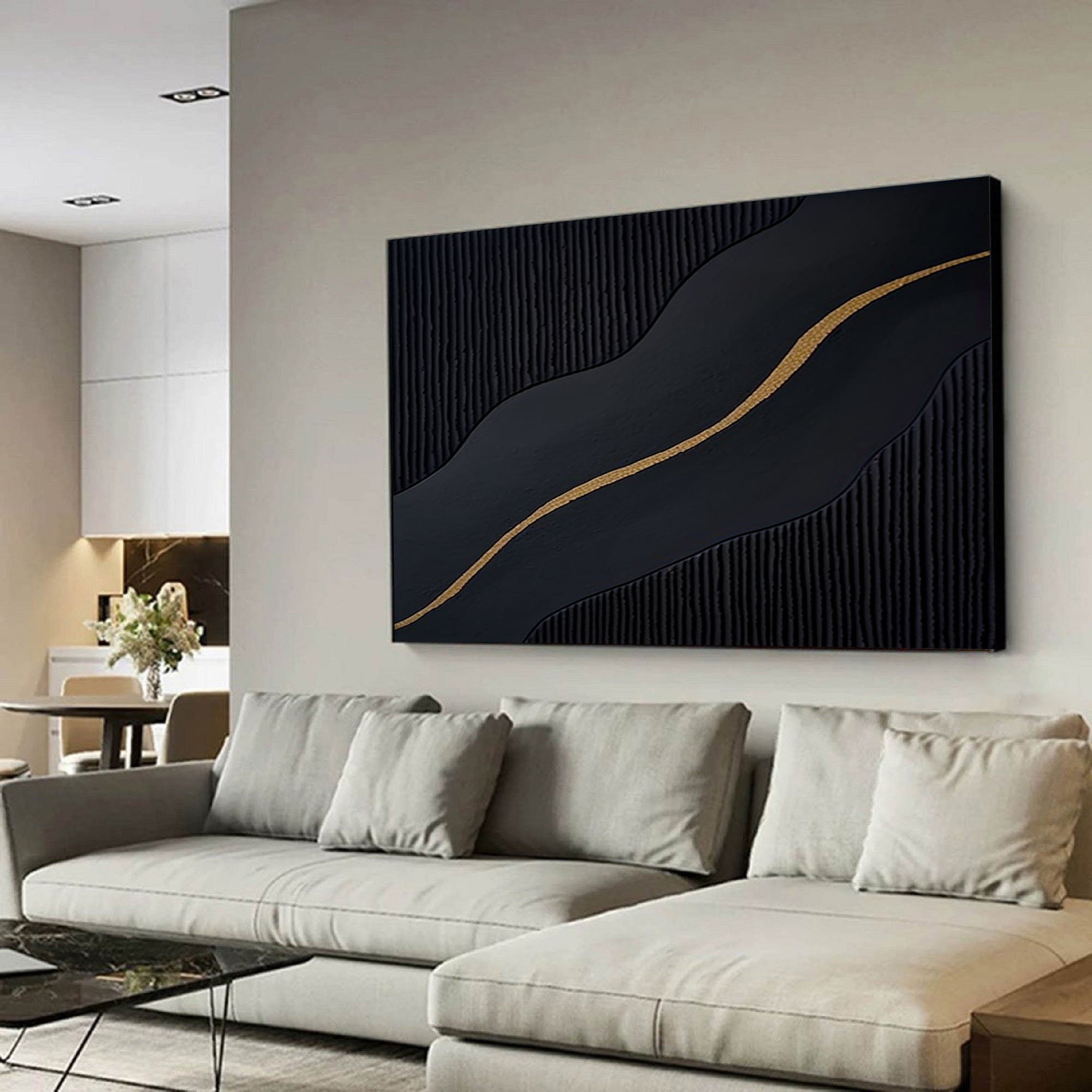 Midnight Flow: Gold-Lined Black Abstract Wall Art