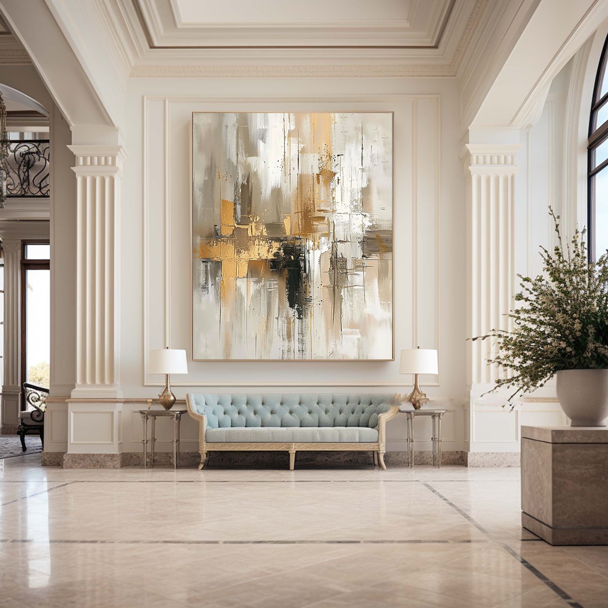 Urban Elegance: Large Abstract Canvas with Gold & Neutral Tones