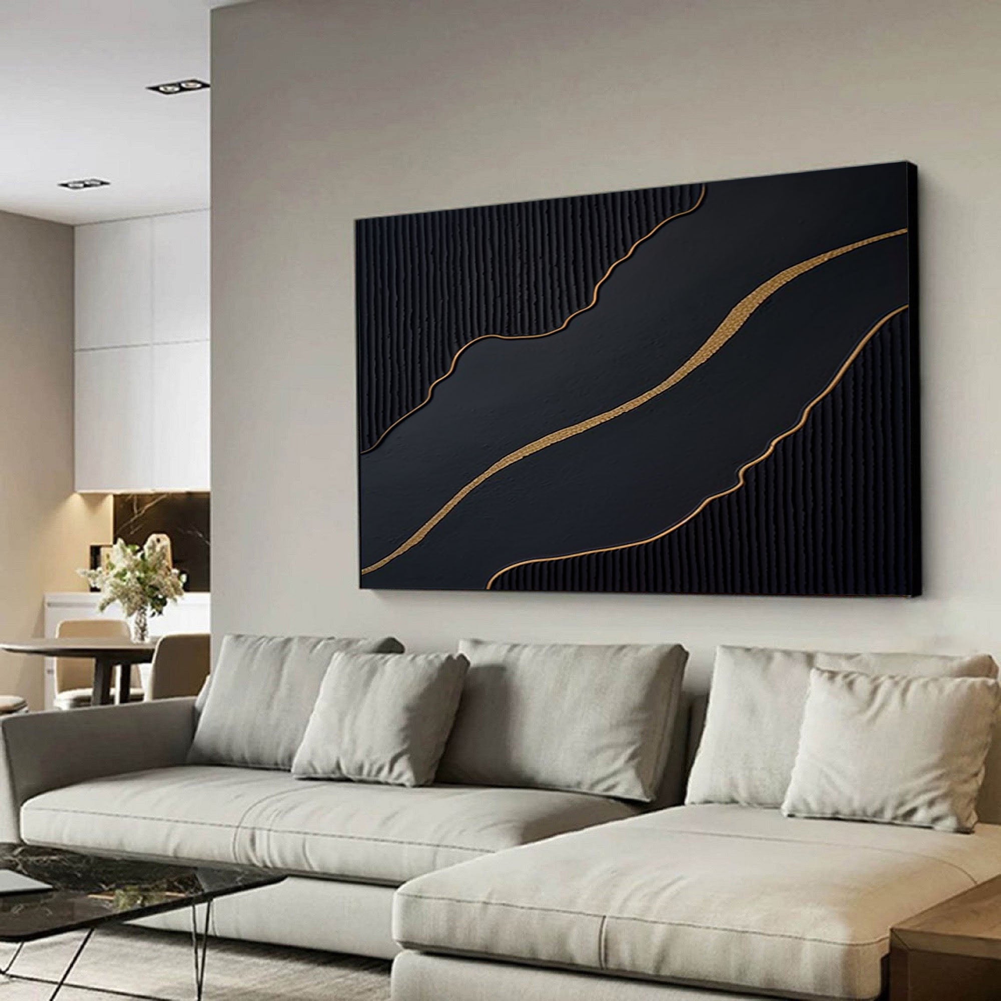 Golden Flow: Black Abstract Wall Art