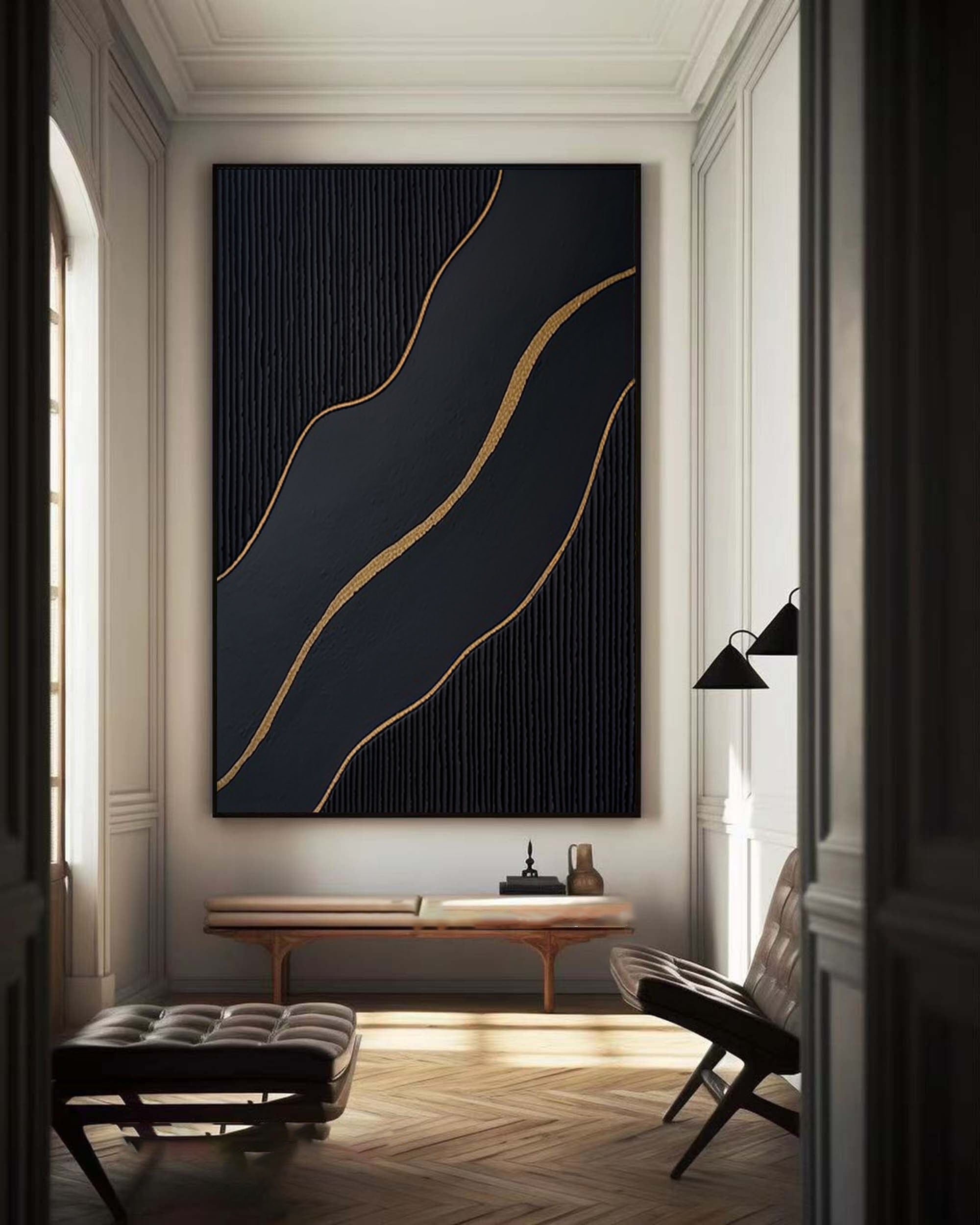 Ebony Waves: Vertical Black & Gold Abstract Canvas