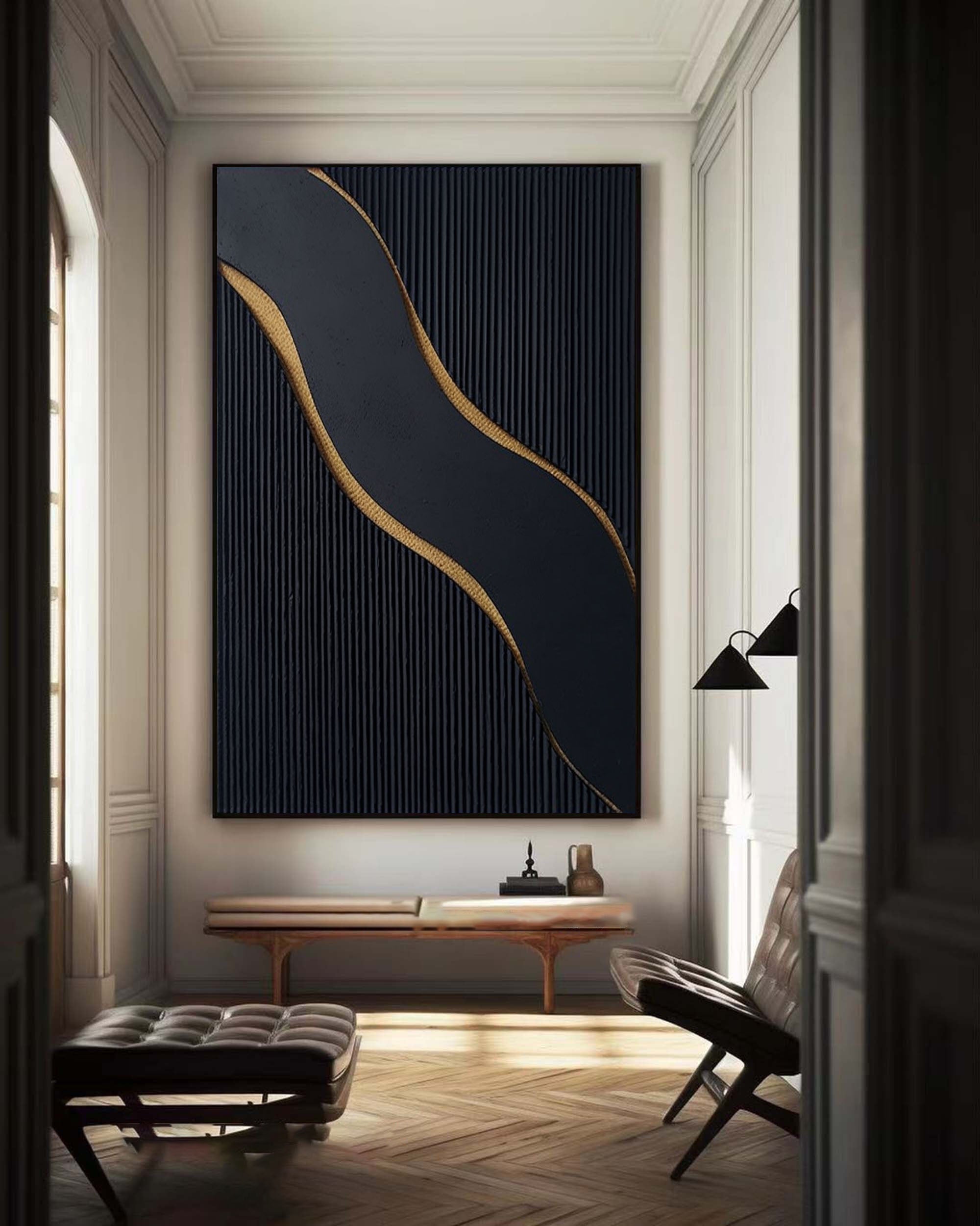 Ebony Waves: Luxurious Black & Gold Vertical Canvas for Elegant Interiors