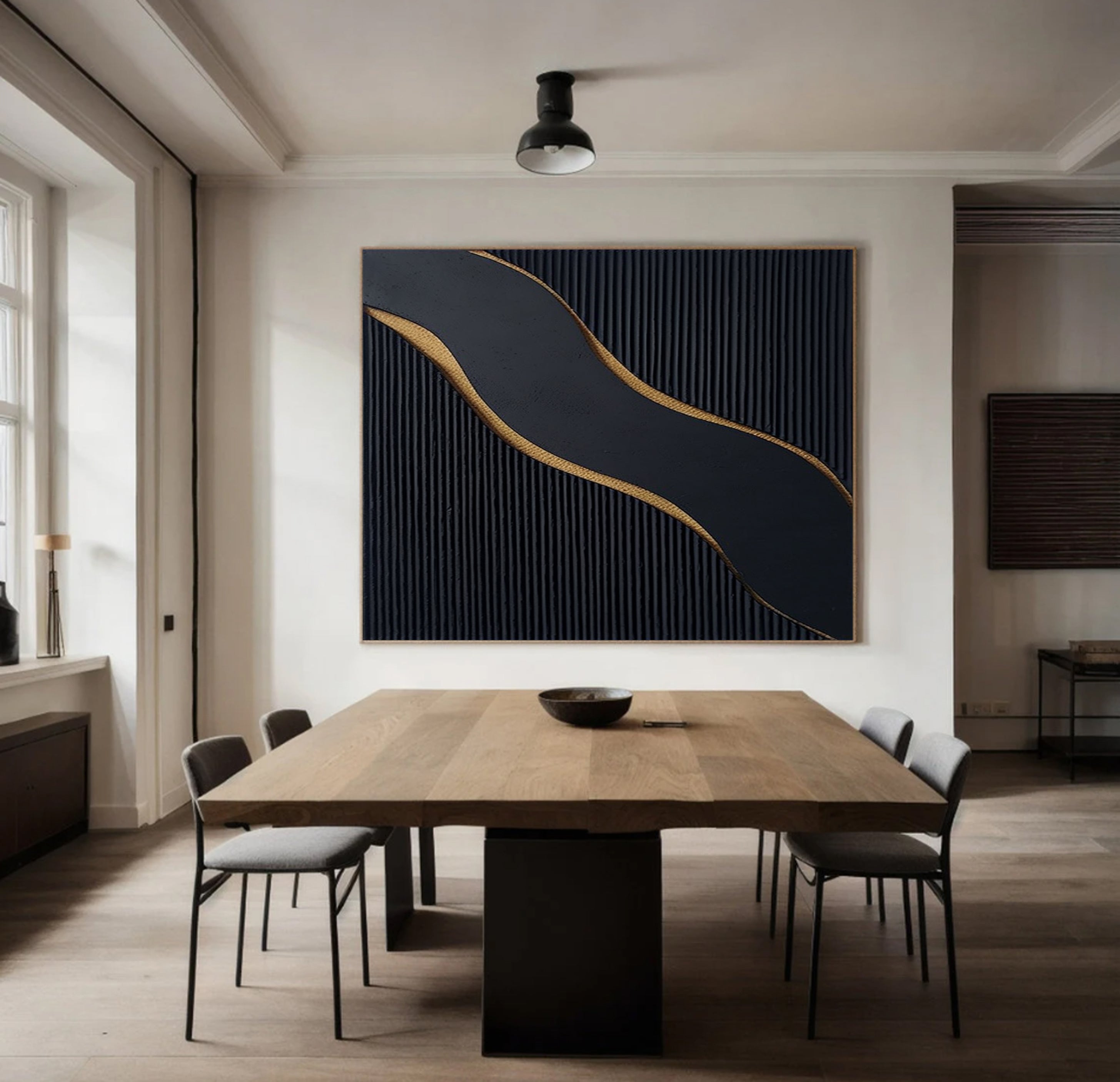 Ebony Waves: Horizontal Black & Gold Abstract Canvas