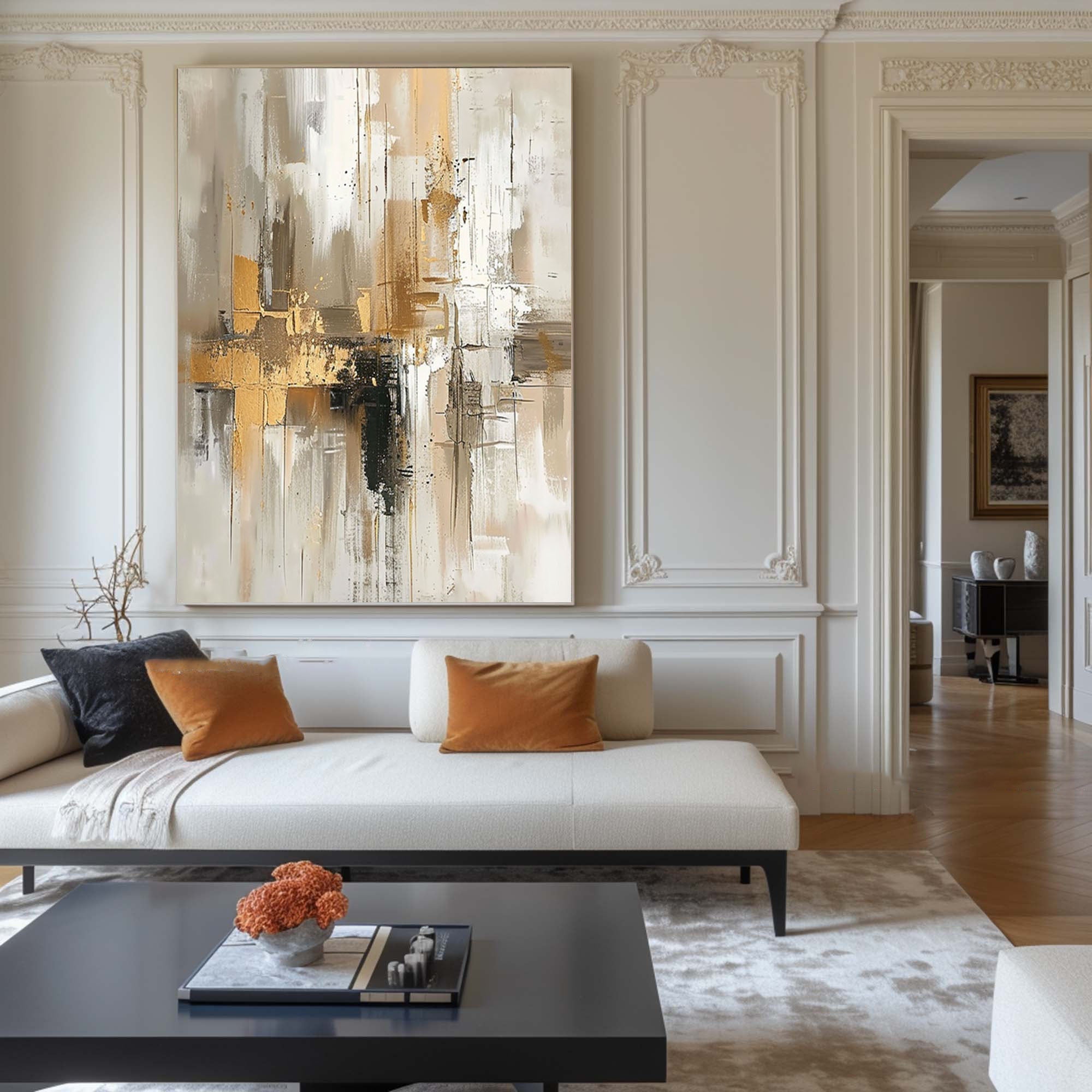 Urban Elegance: Large Abstract Canvas with Gold & Neutral Tones