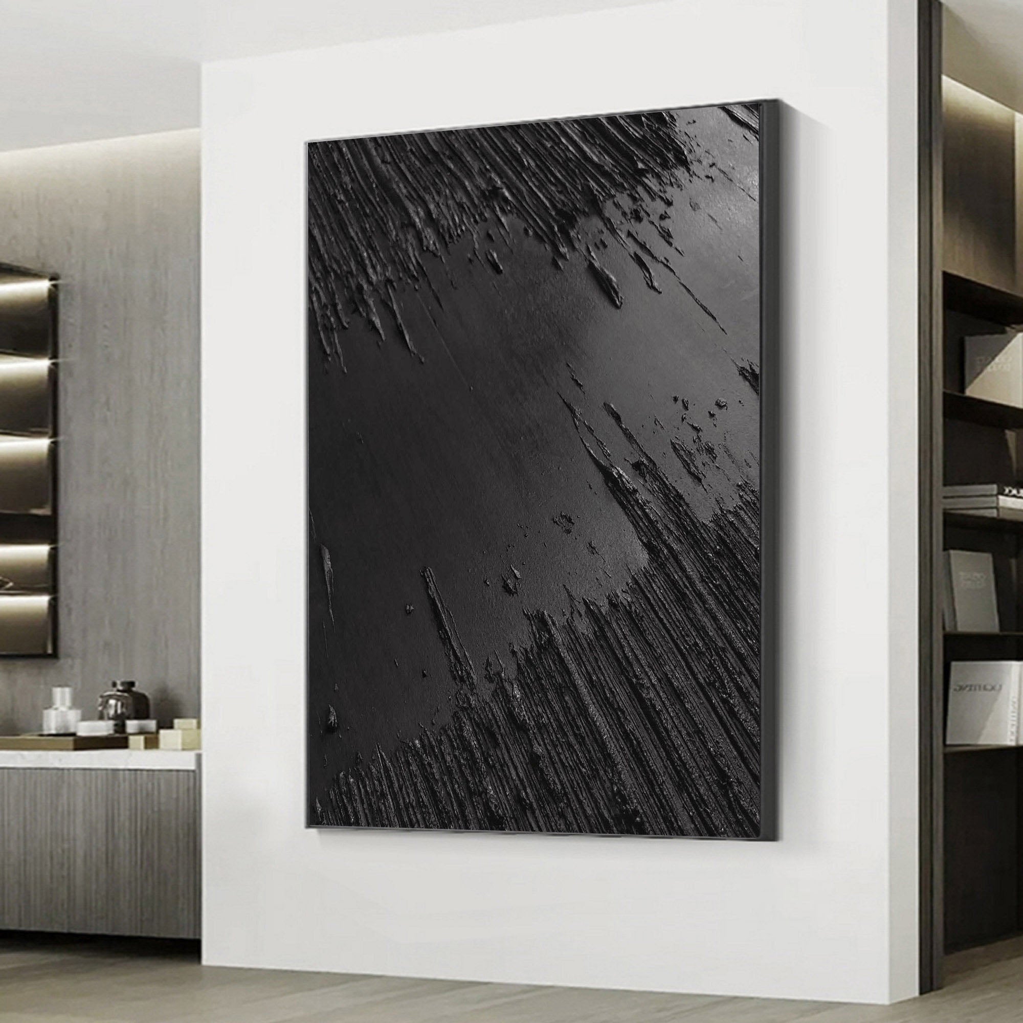 Midnight Erosion: Textured Black Canvas