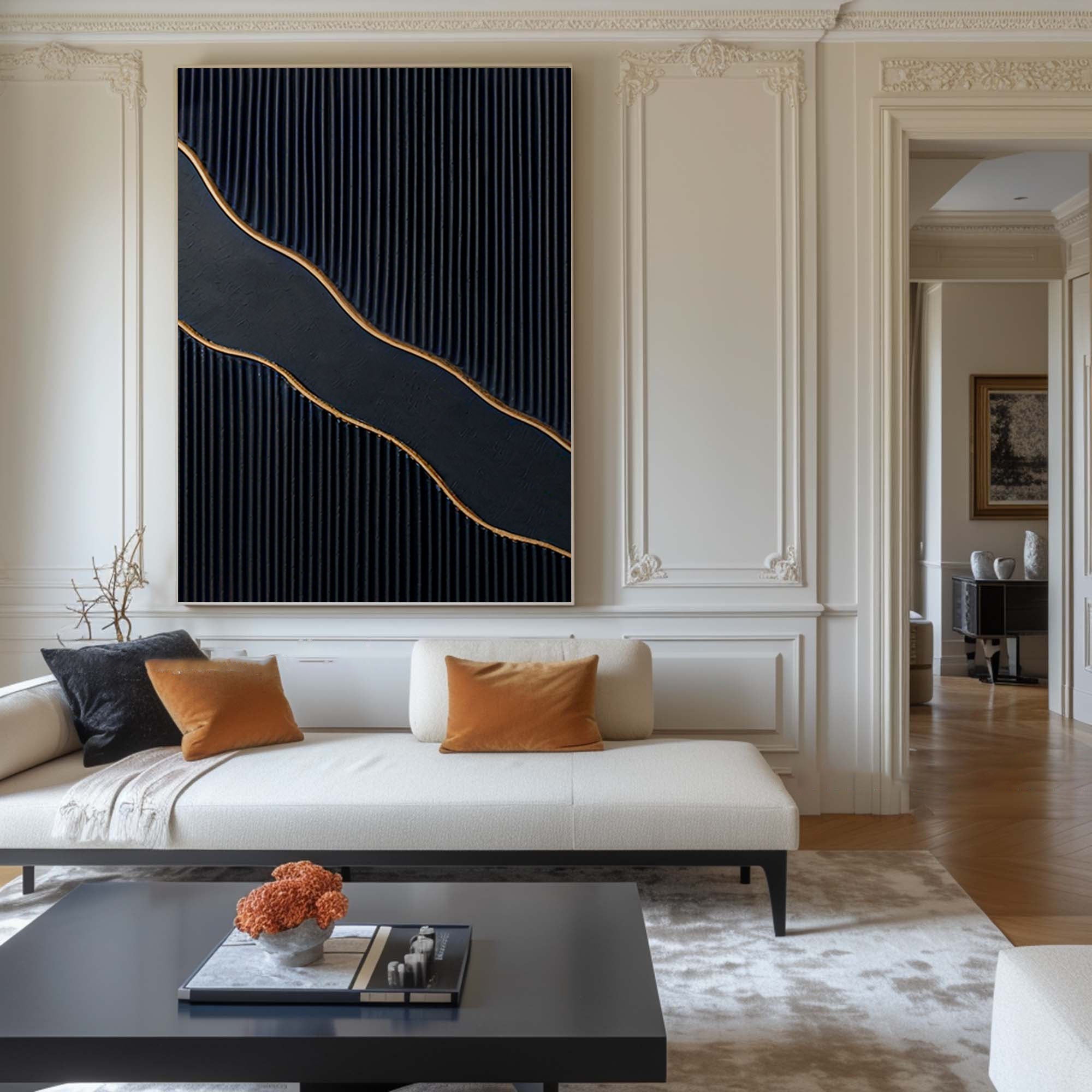 Golden Wave: Black Canvas Art