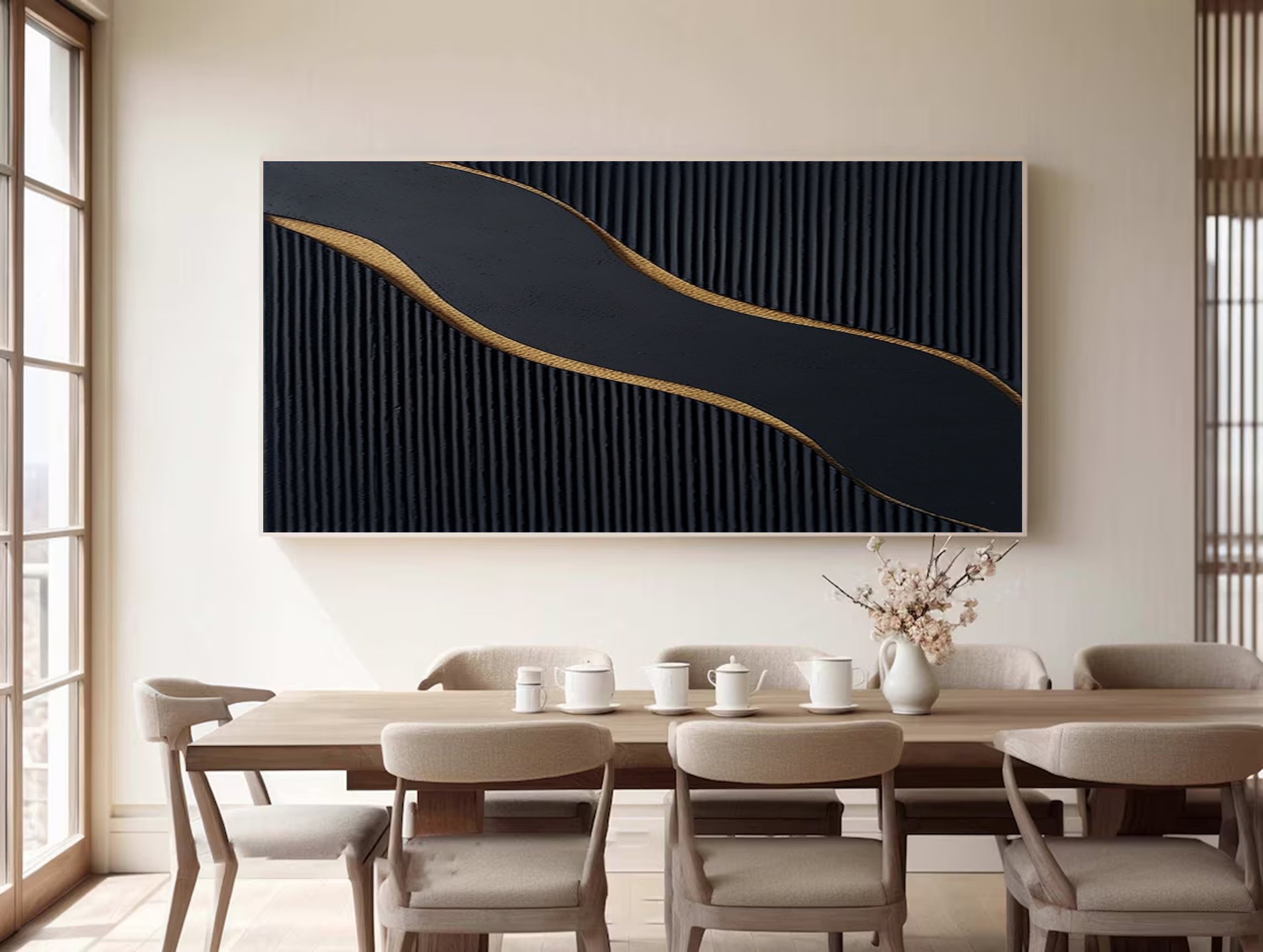 Ebony Waves: Horizontal Black & Gold Abstract Canvas